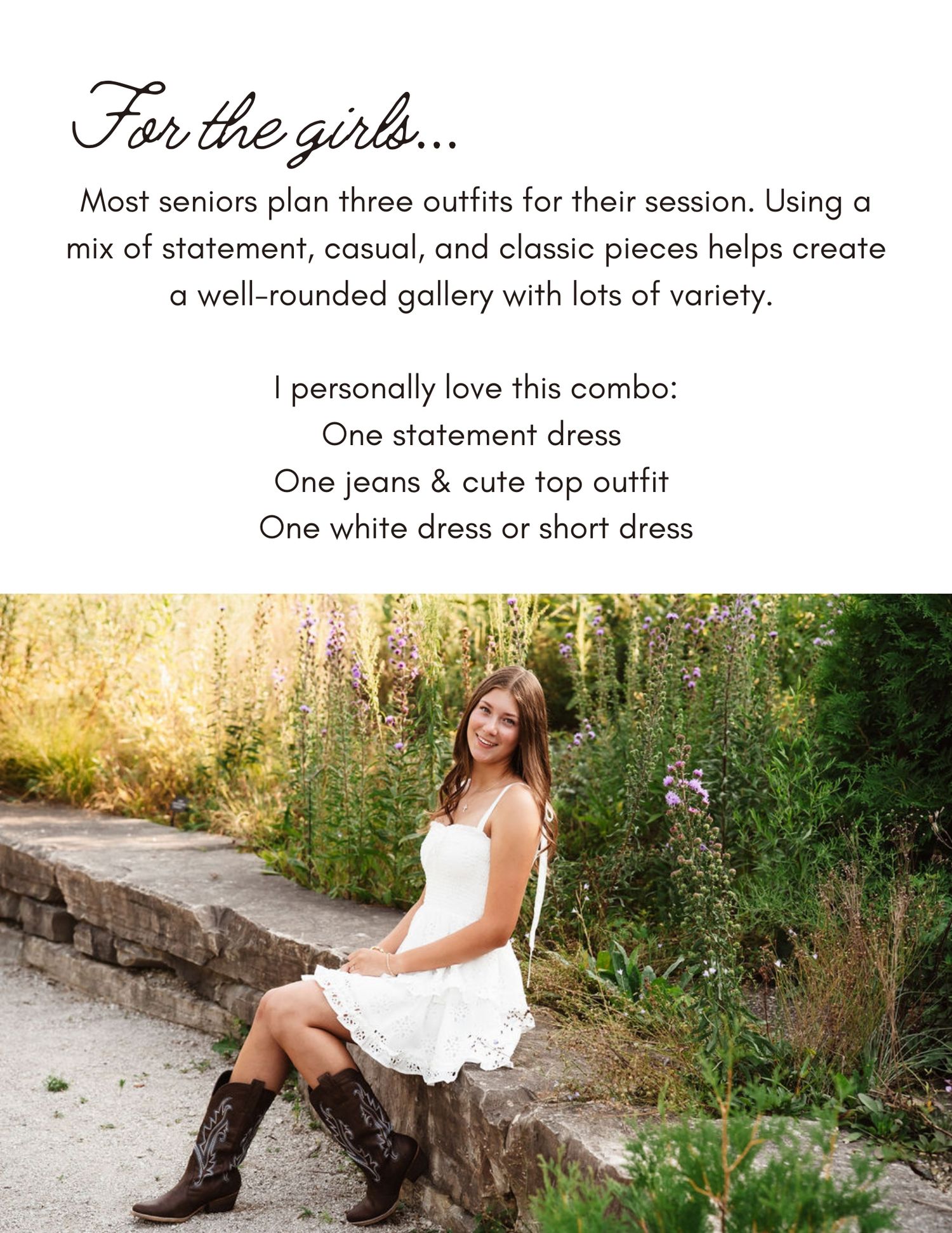 A series of outdoor senior portrait photos featuring a white dress and brown boots in a natural setting.