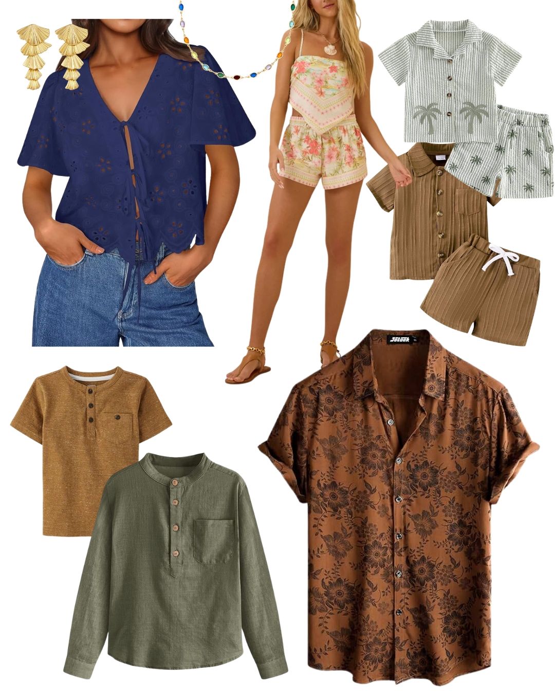 Collage of casual summer clothing including a navy floral top, floral romper, kids sets, henley shirts, and a brown paisley button-up.
