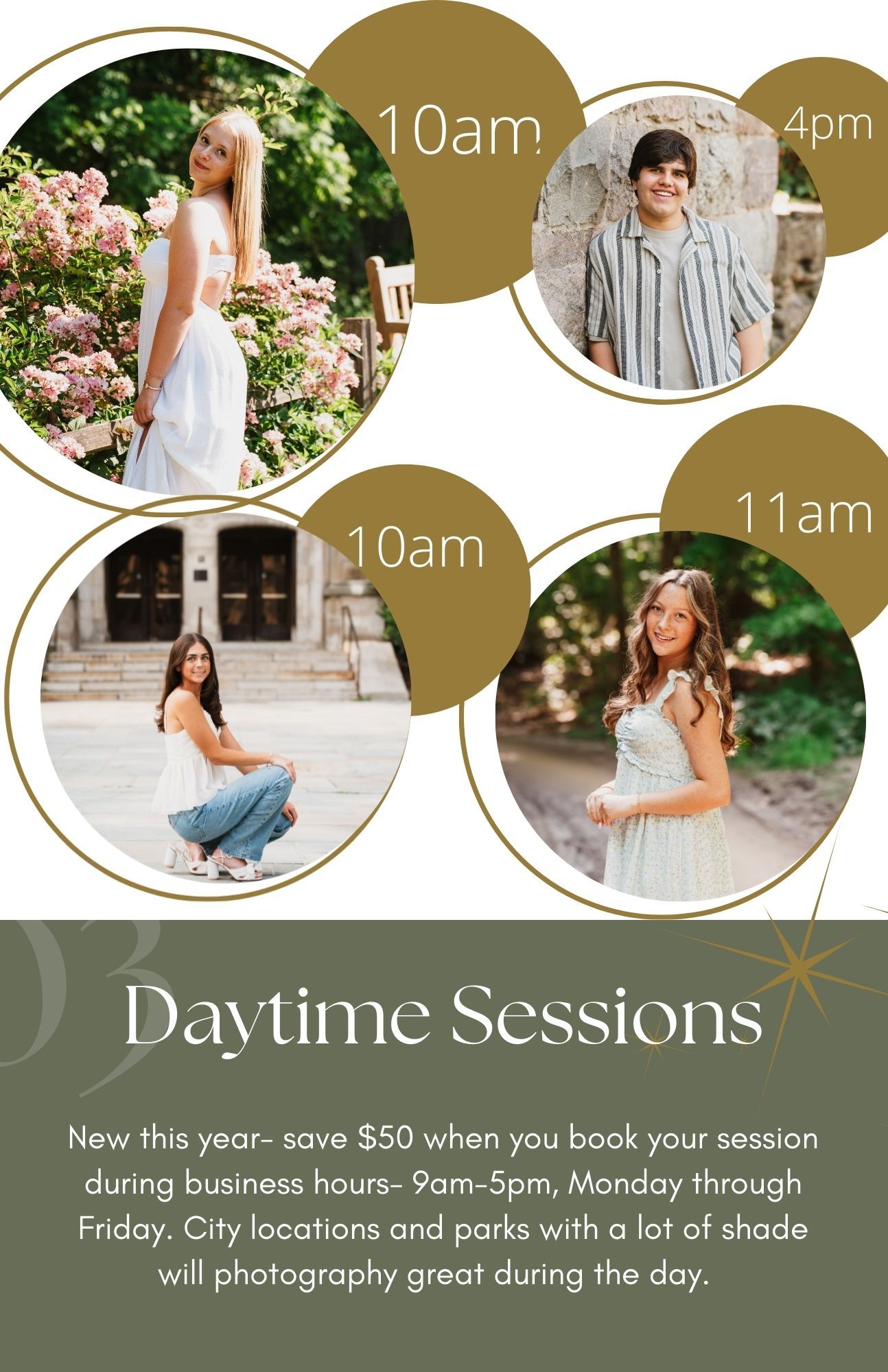 Photography session advertisement showing outdoor locations and time slots with gold circular design elements.