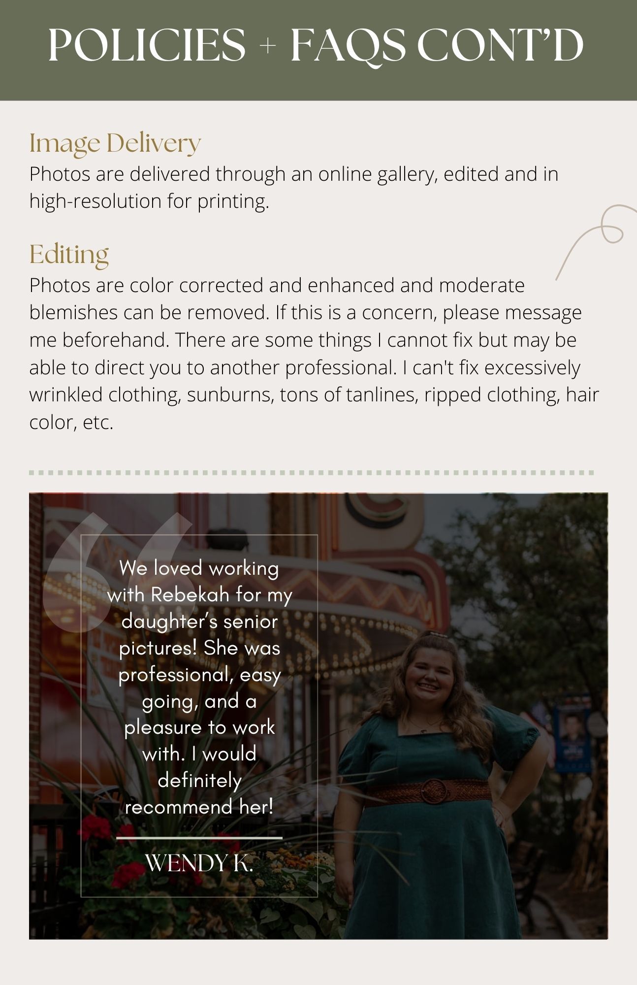 Professional photography website layout showing policy information and client testimonials with dark overlay images.