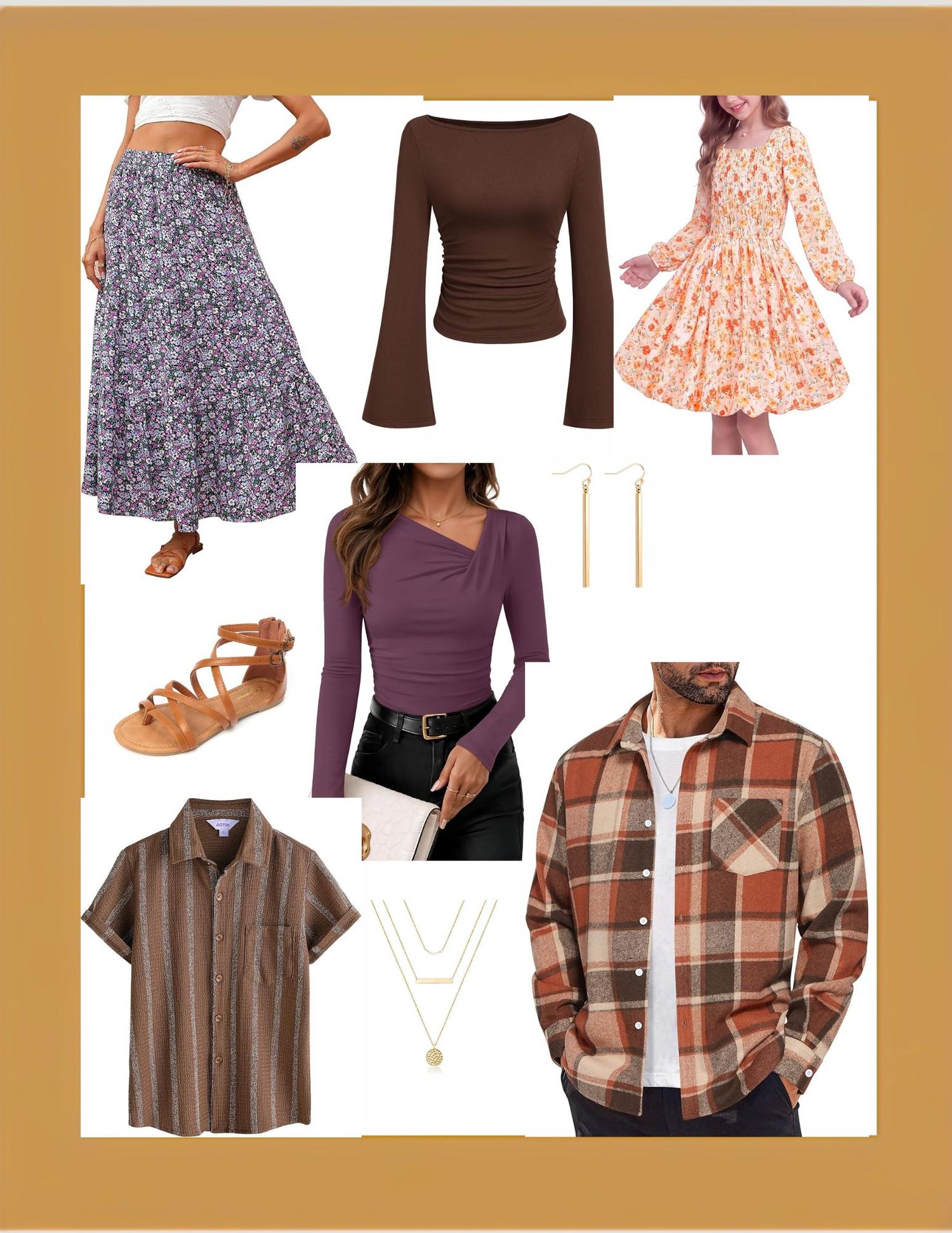 A fall fashion collage featuring floral skirt, brown tops, plaid shirt, peach dress, sandals, and gold jewelry on warm background.
