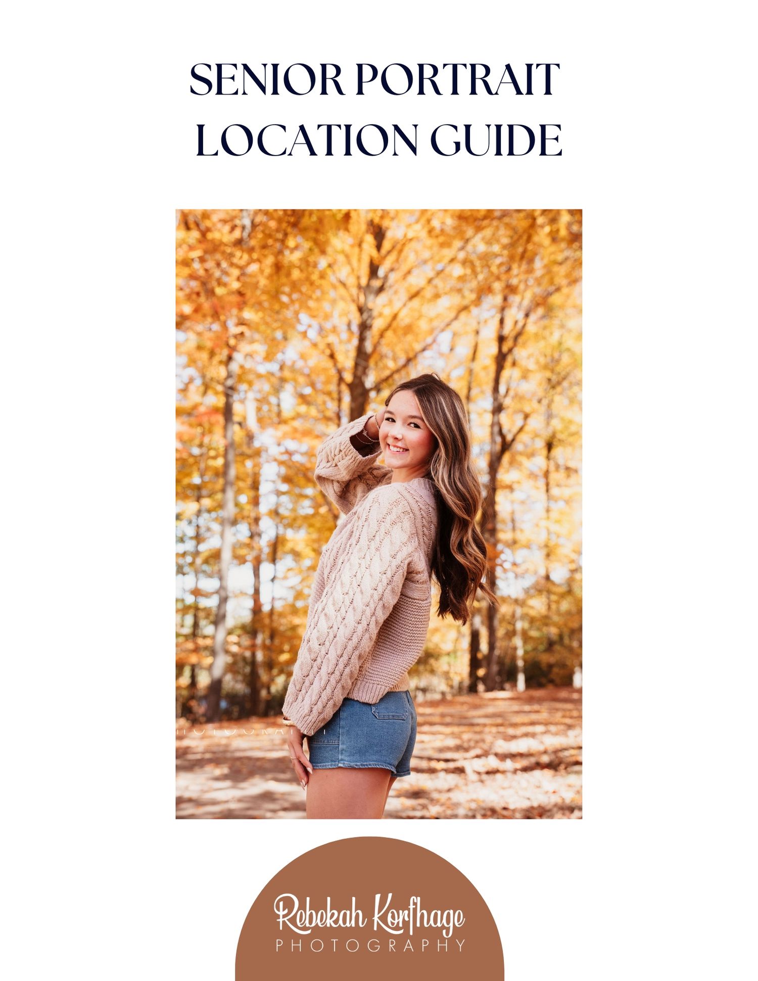 A photography location guide shows autumn portrait session spots with golden fall foliage and natural outdoor settings.