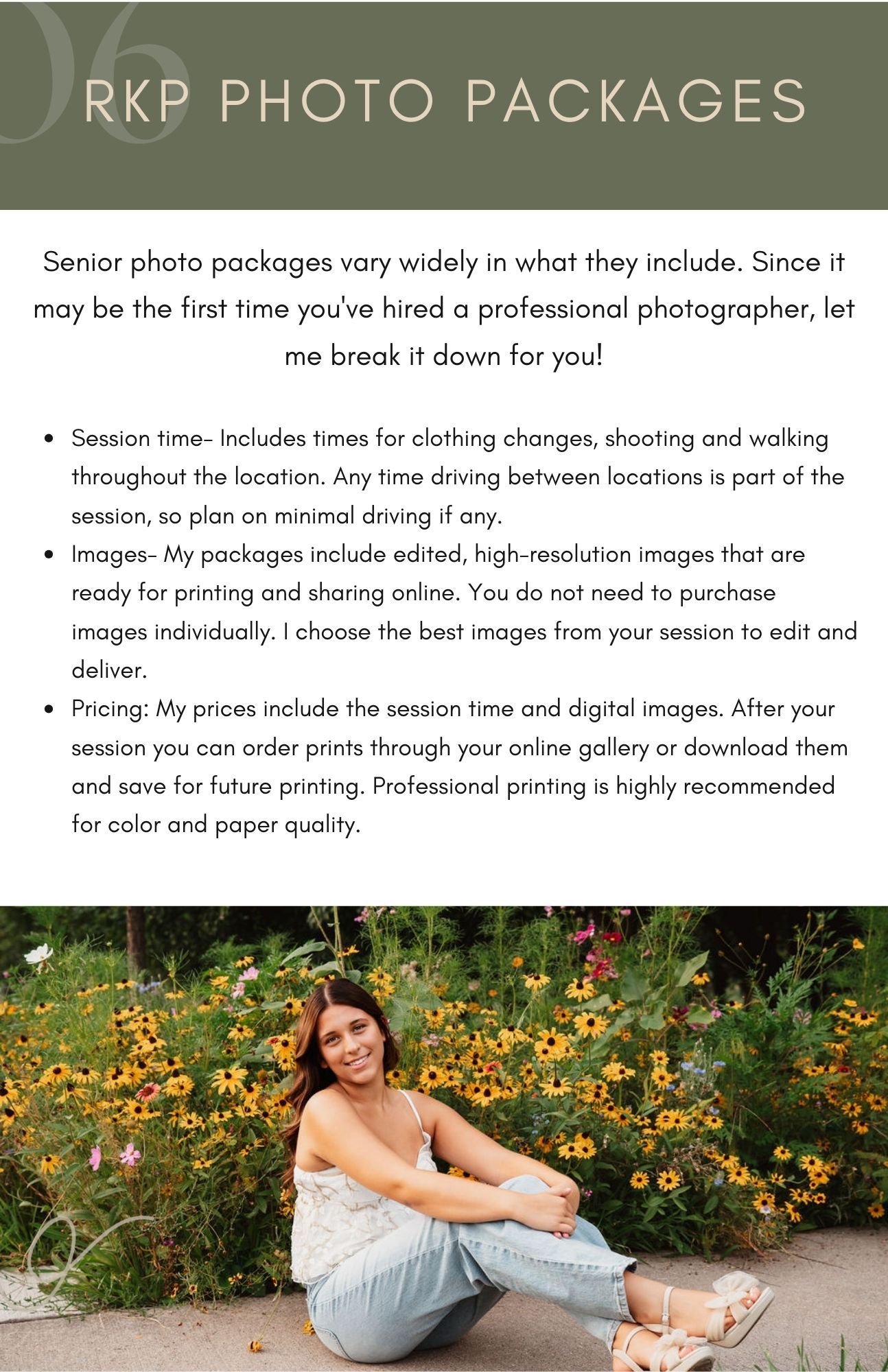 A professional photography pricing guide webpage displays package details and sample portraits in a green and white layout.