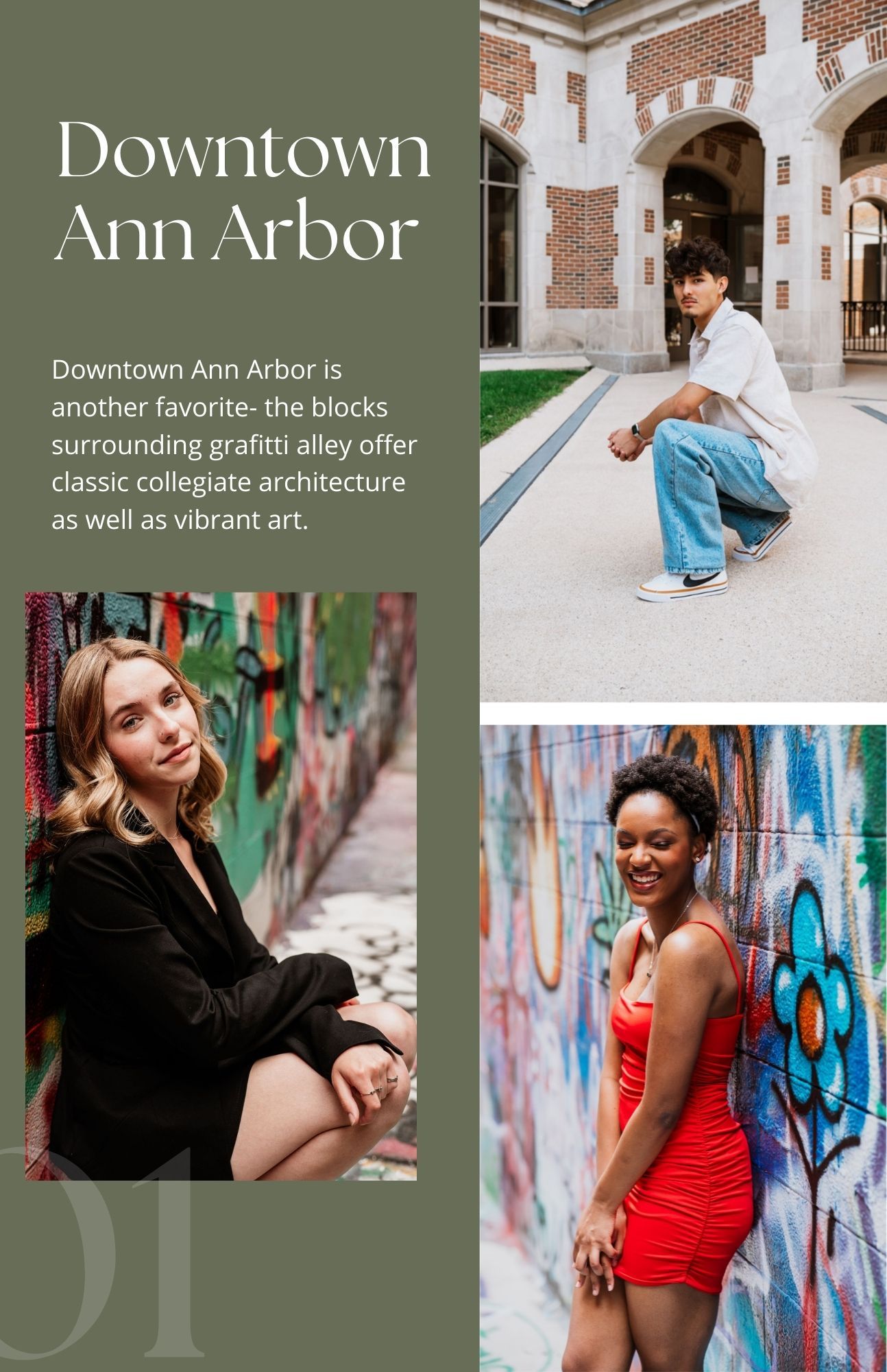 Stylish lifestyle portraits of young people posing against colorful graffiti walls in downtown Ann Arbor, Michigan.