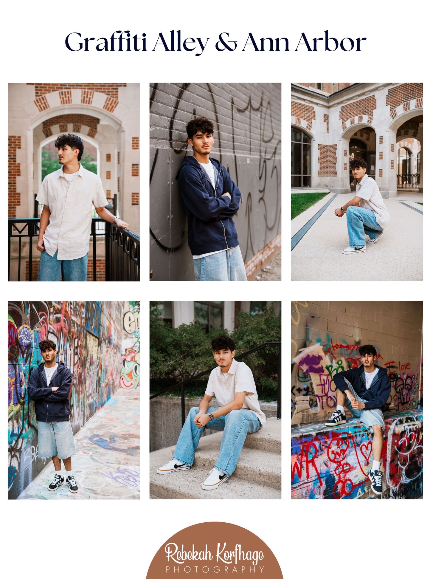 Urban photo session in a graffiti-covered alley featuring casual outfits and artistic backdrops.
