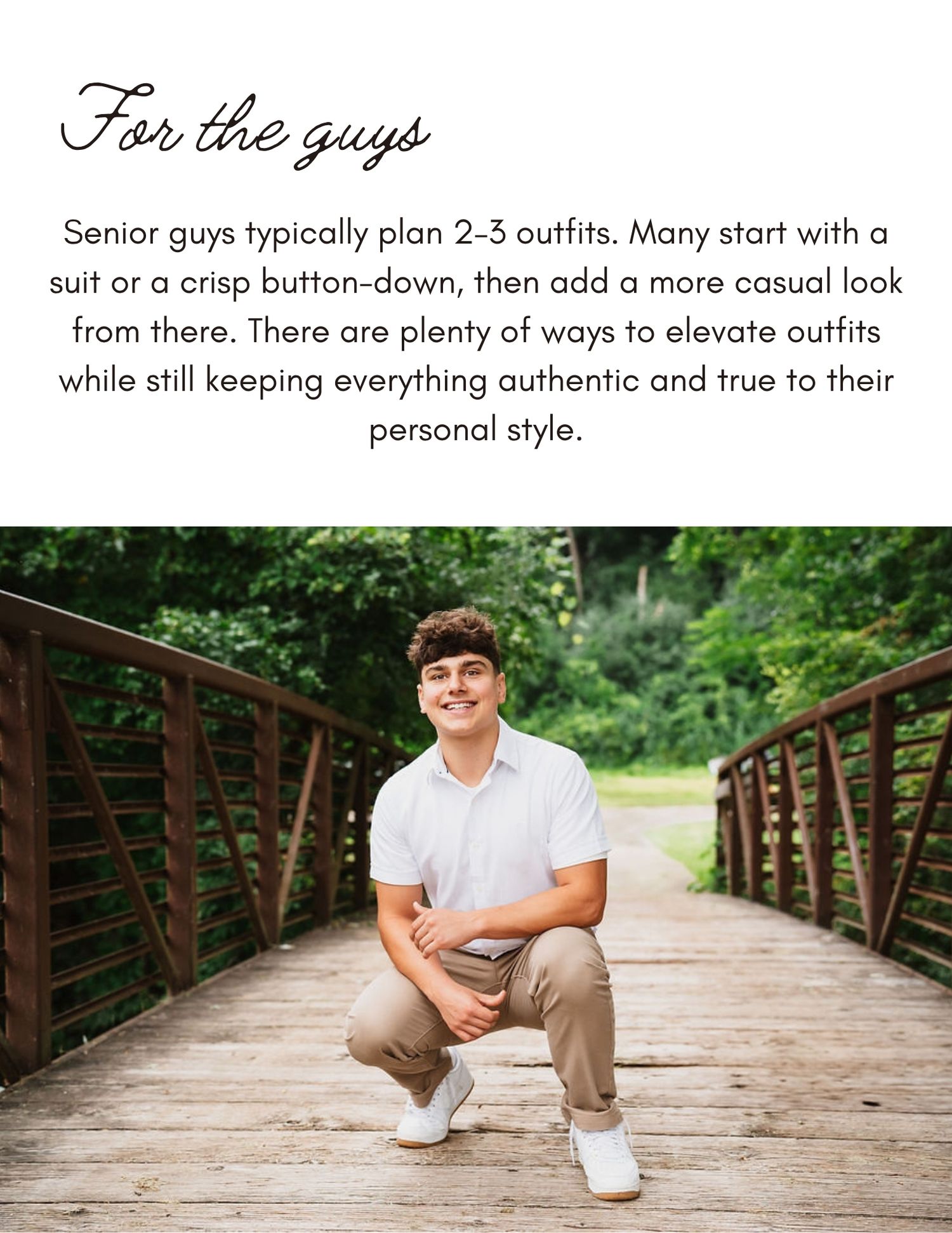 A series of five senior portrait photos showing casual poses on a rustic wooden bridge in an outdoor setting.