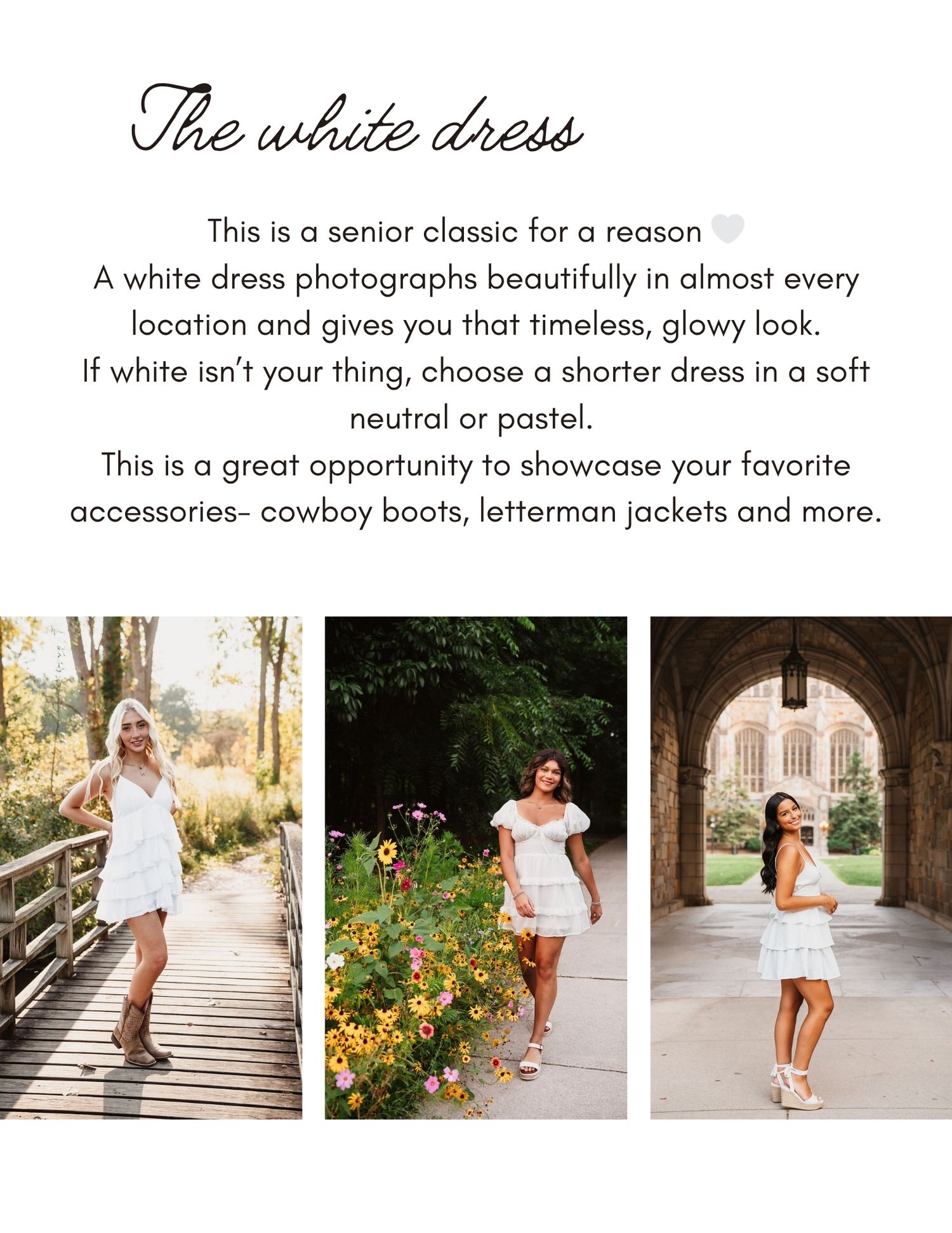 A collection of fashion photos showing white dresses styled with different accessories and shoes in outdoor settings.