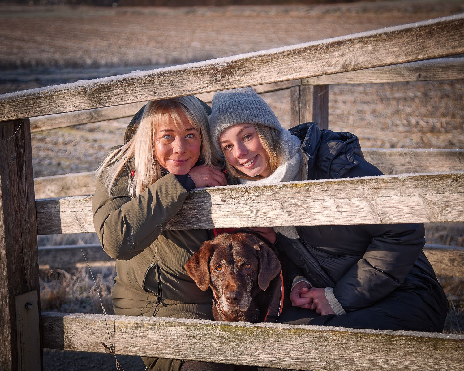 Zwei Personen und ein brauner Hund spähen an einem Wintertag, warm angezogen, durch die Latten einer Holzbrücke in Gasseldorf.