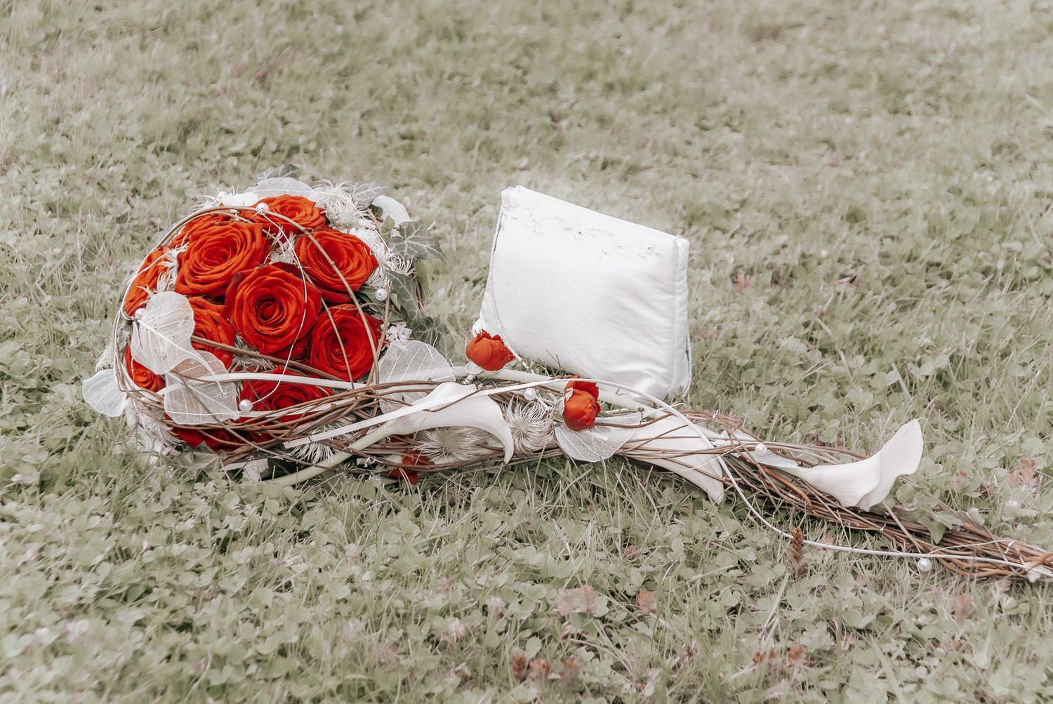 Red roses and scattered petals lie on a textured gray surface in an artistic arrangement.