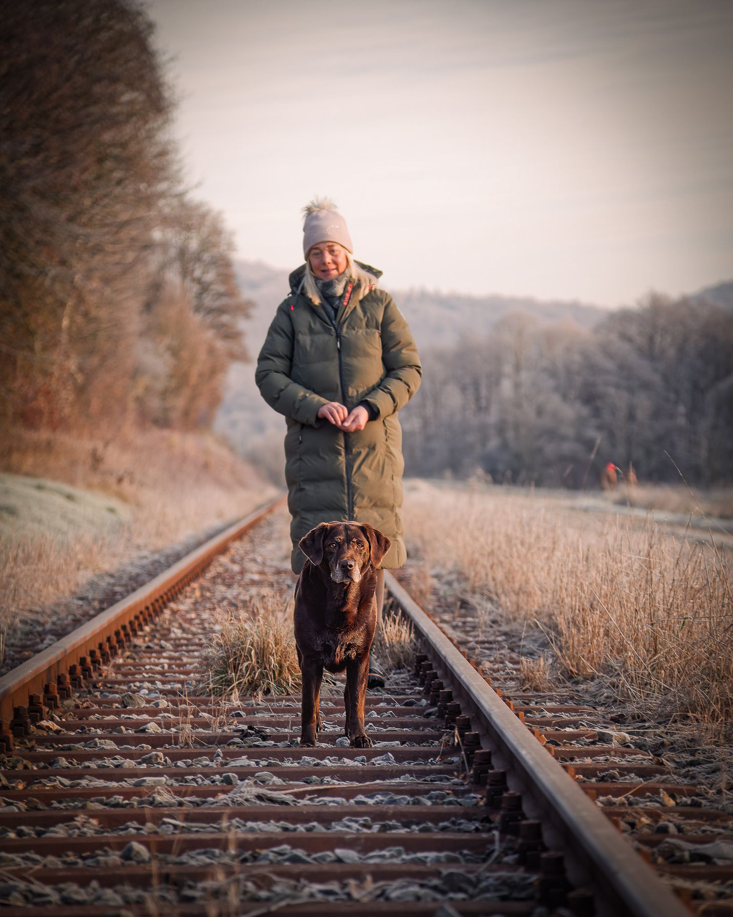 Ein malerisches Fotoshooting entlang der Bahngleise mit einem braunen Hund an einem neblichen Herbsttag. Ort Gasseldorf Fränkische Schweiz