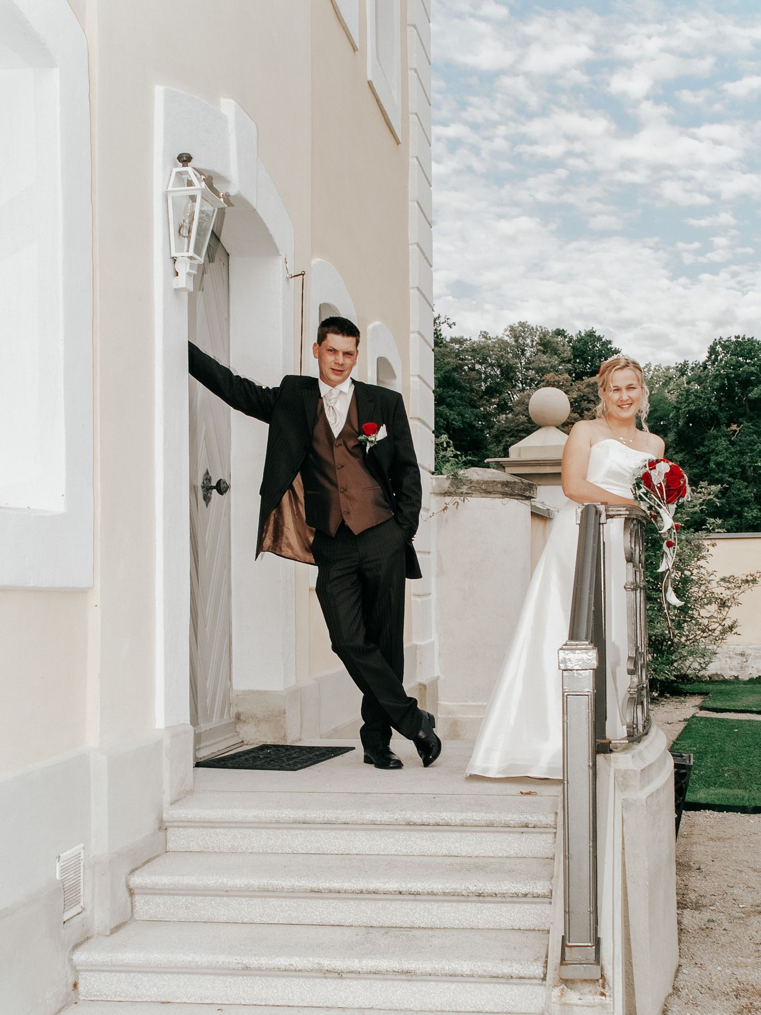 A playful sequence of wedding photos showing a couple peeking and posing around white columns on outdoor steps.
