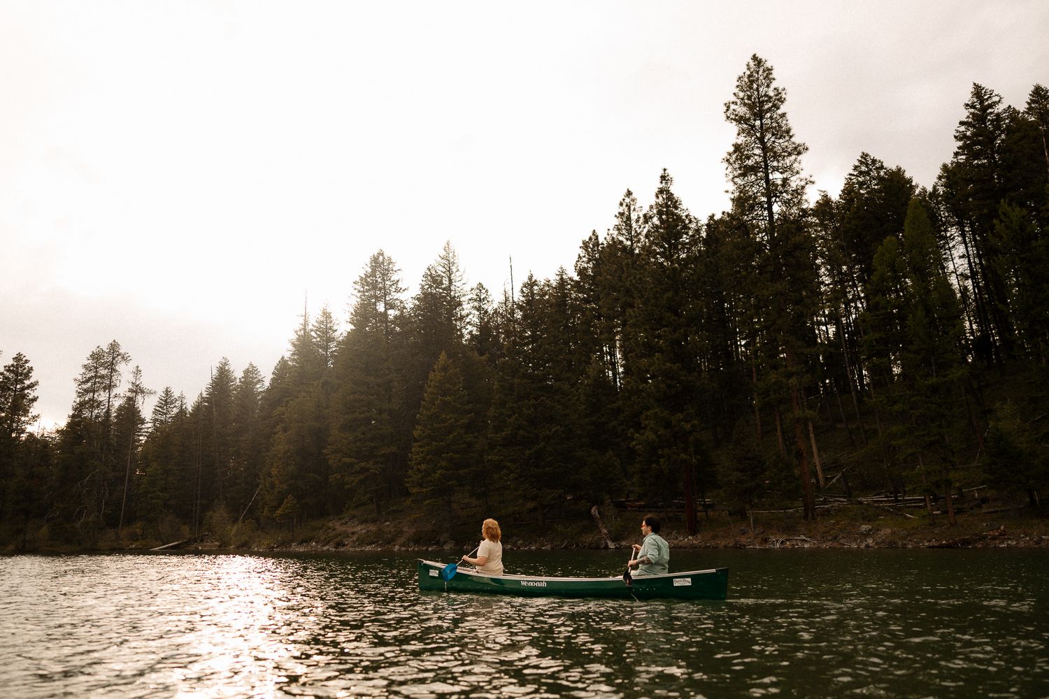 Couple rowing a canoe on a serene lake surrounded by tall pine trees in soft evening light.