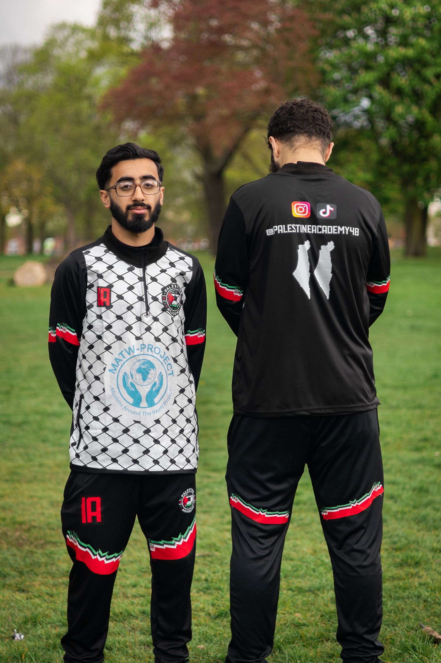 Front and back view of soccer uniforms featuring geometric patterns and team branding.
