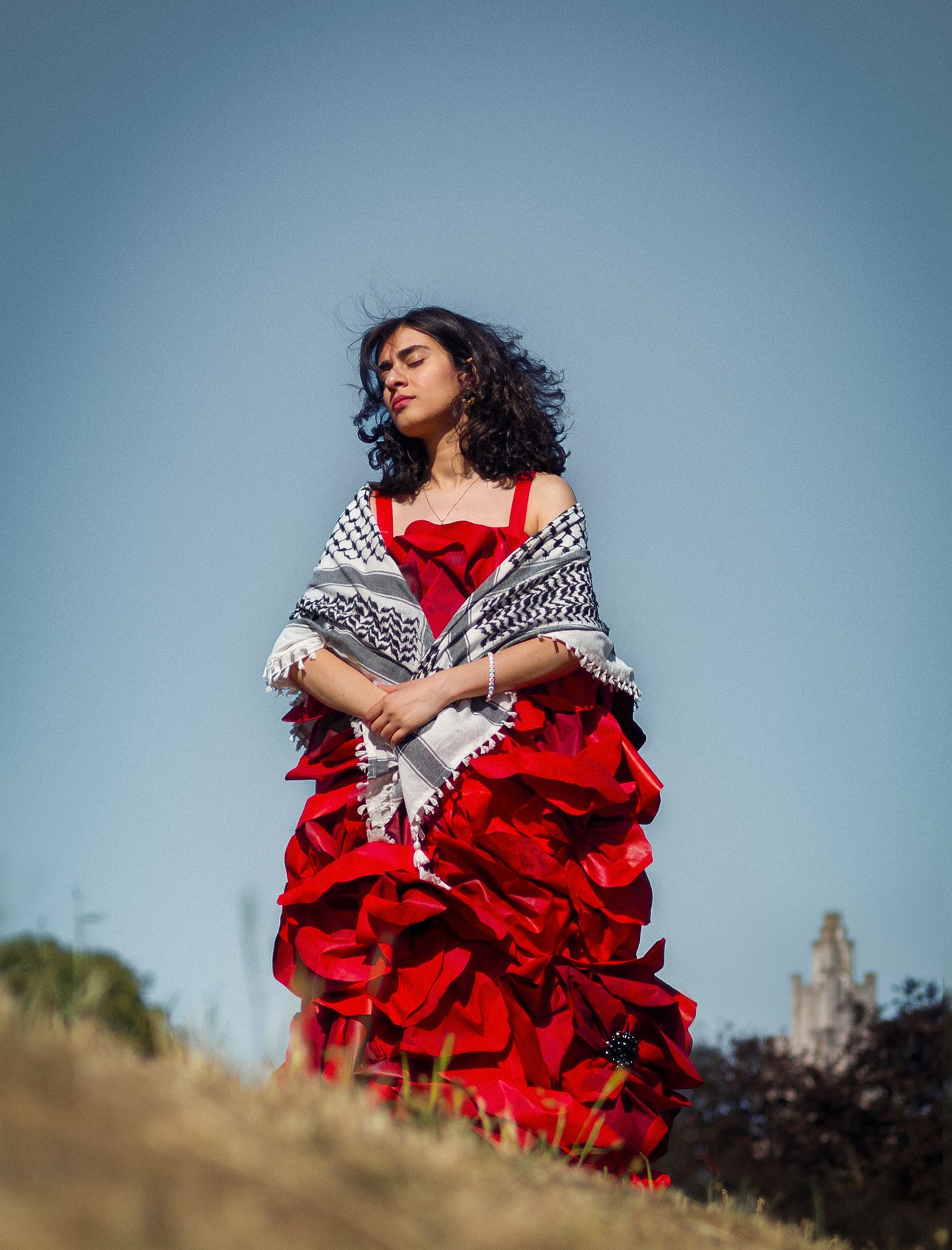 Artistic fashion photo of a red ruffled gown paired with black and white patterned wrap.
