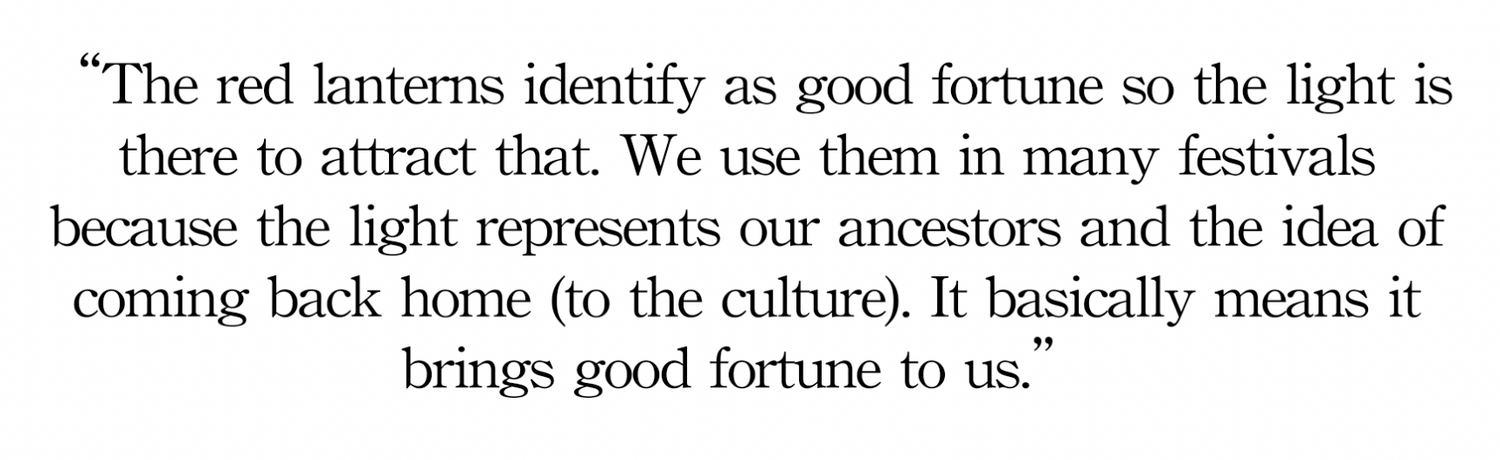 Handwritten text on white paper discusses the cultural significance of red lanterns in festivals and traditions.