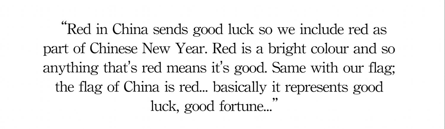 Handwritten text on white paper discusses the significance of the color red in Chinese New Year celebrations.