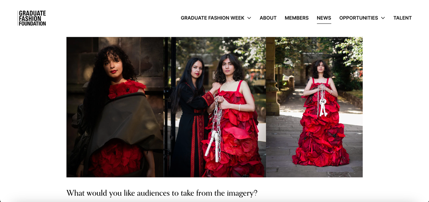 A series of fashion photographs showing models in red formal gowns and dresses displayed in a website header layout.