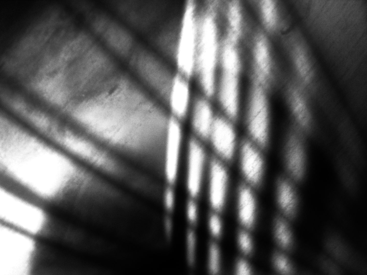 A dramatic black and white close-up of vertical prison cell bars casting shadows in dark lighting.