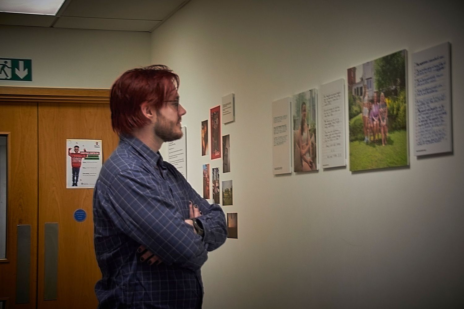 A series of connected images showing someone walking through an office hallway with beige walls and mounted pictures.