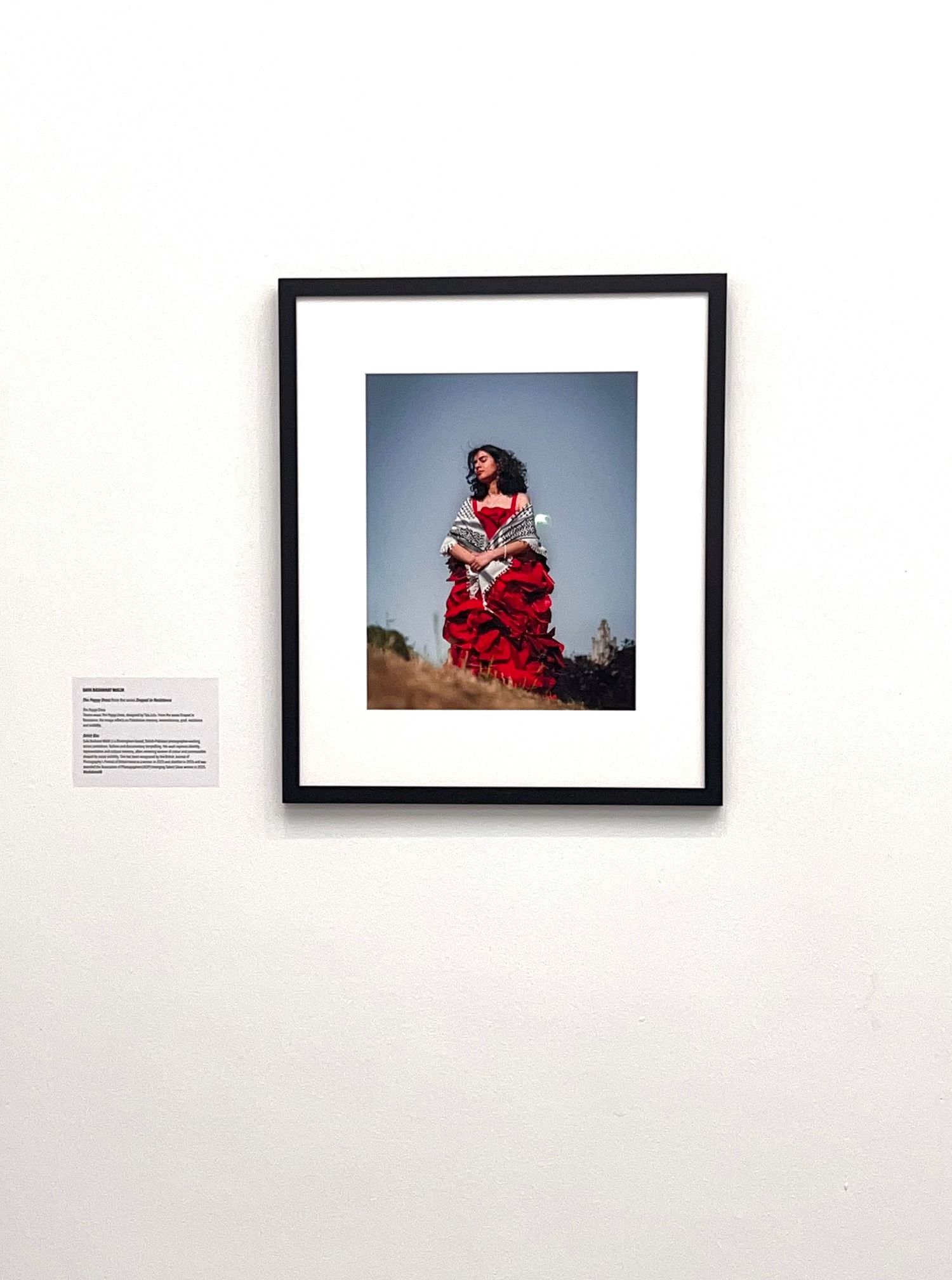Framed photograph of a woman in a flowing red ruffled dress standing outdoors, displayed on a white gallery wall.