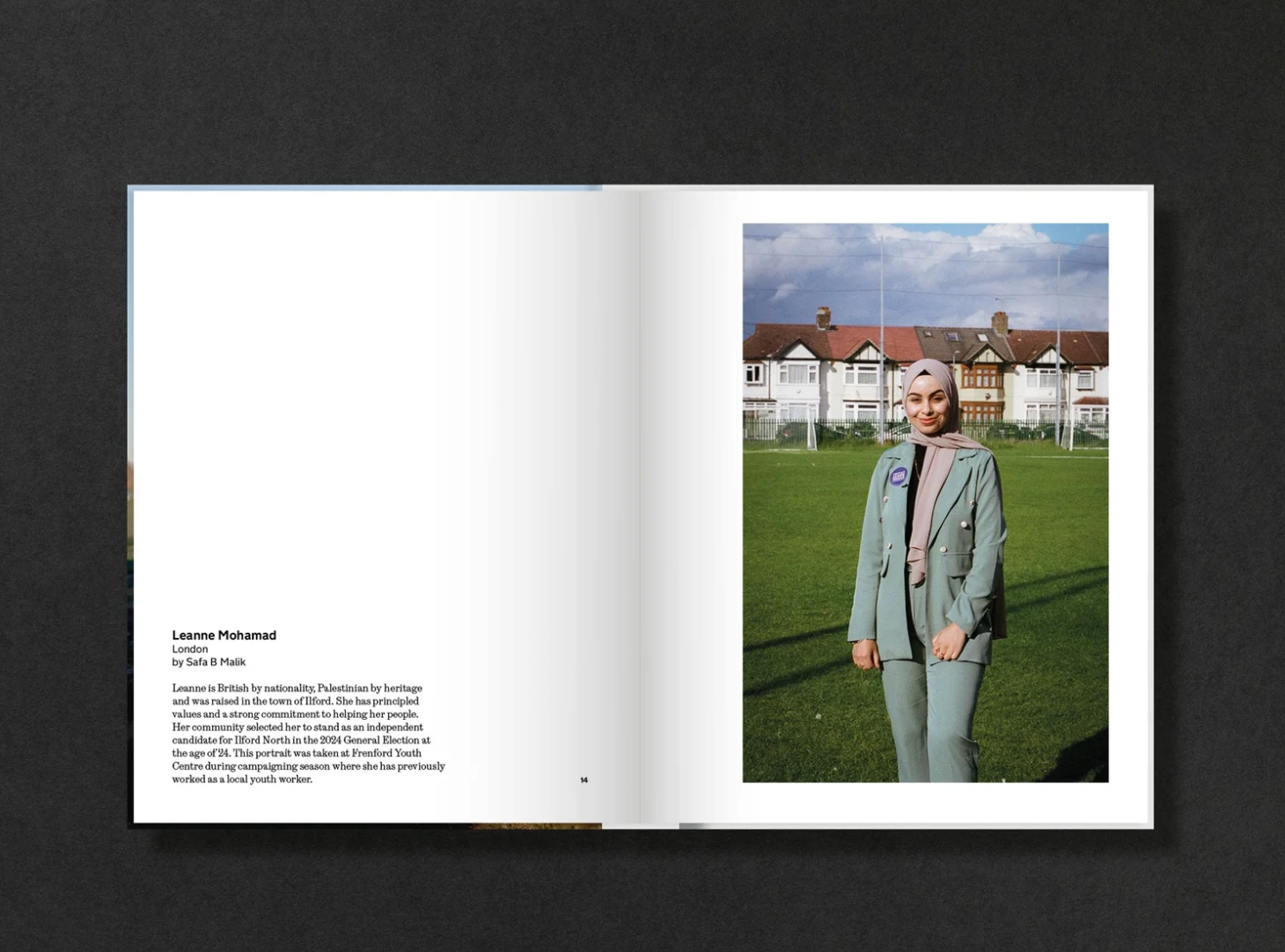 Magazine spread layout showing photograph with text and white space design.