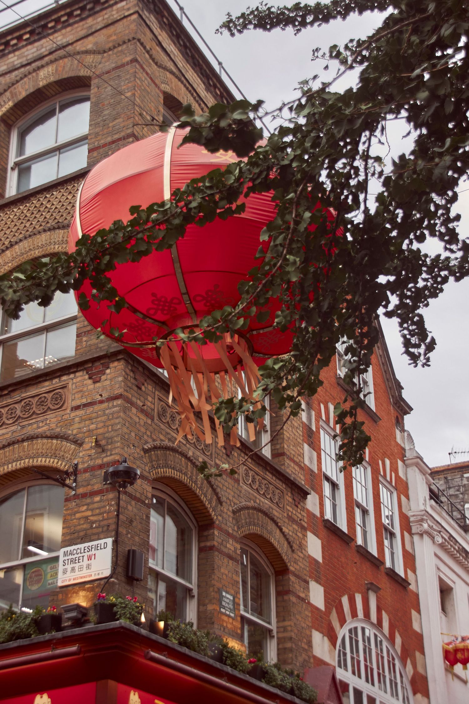 Large red lantern against brick building architecture with tree branches in foreground.