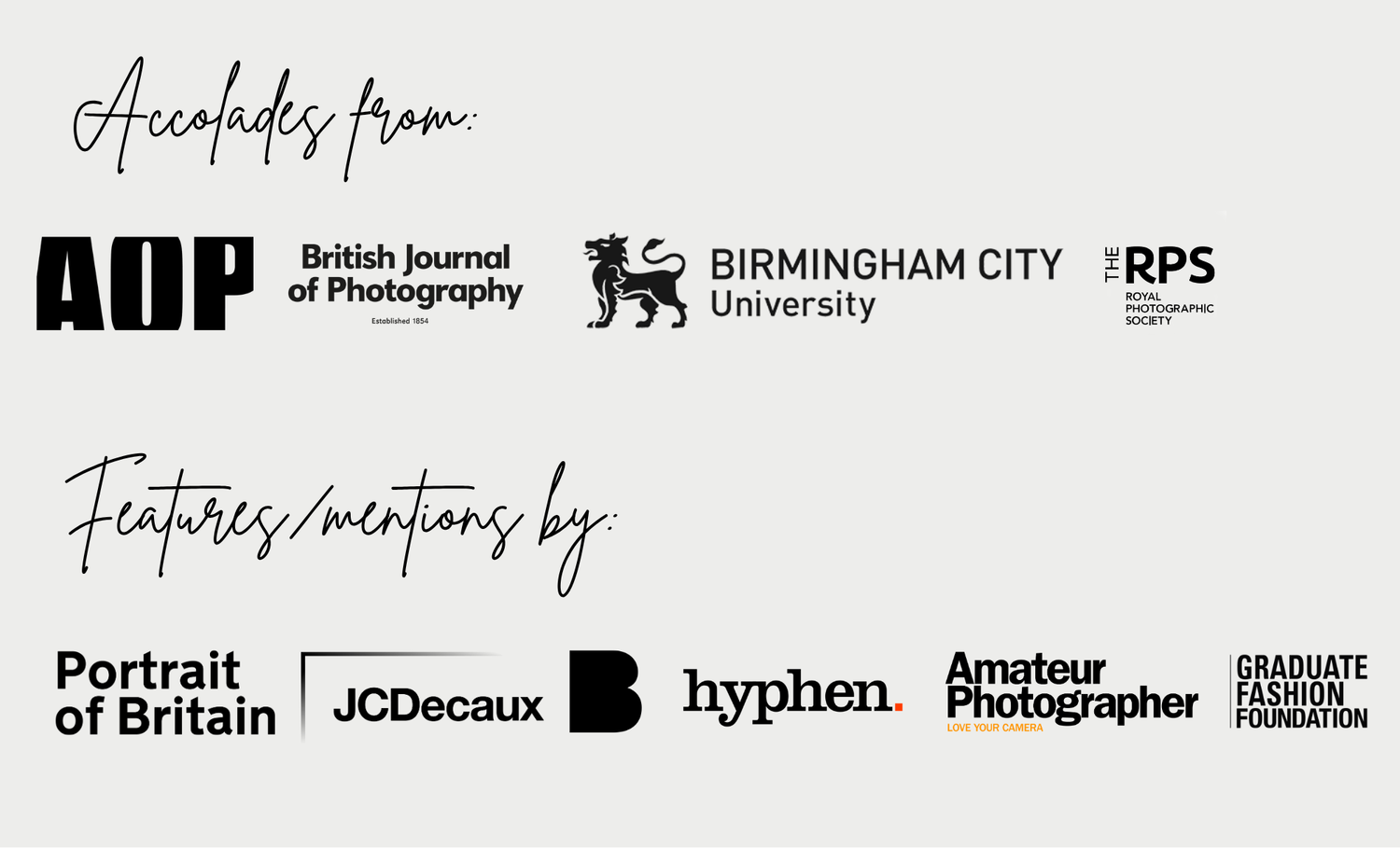 Logos of accolades from AOP, Birmingham City University, RPS, and features by Portrait of Britain, JCDecaux, Hyphen, Amateur Photographer.