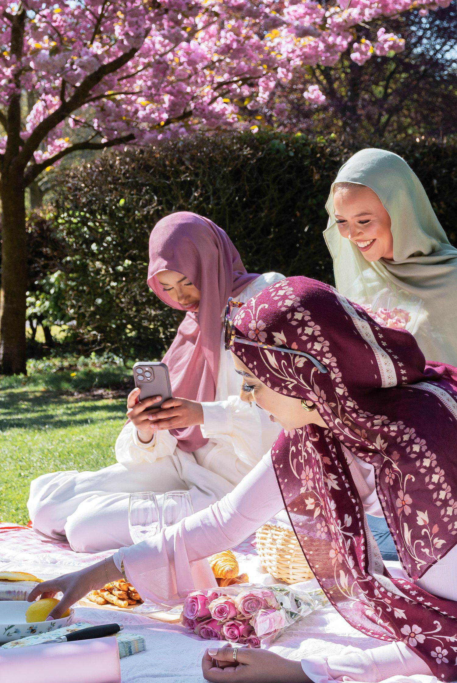 Three Muslim women in hijabs enjoy a sunny picnic under blooming cherry blossom trees, sharing a smartphone together.