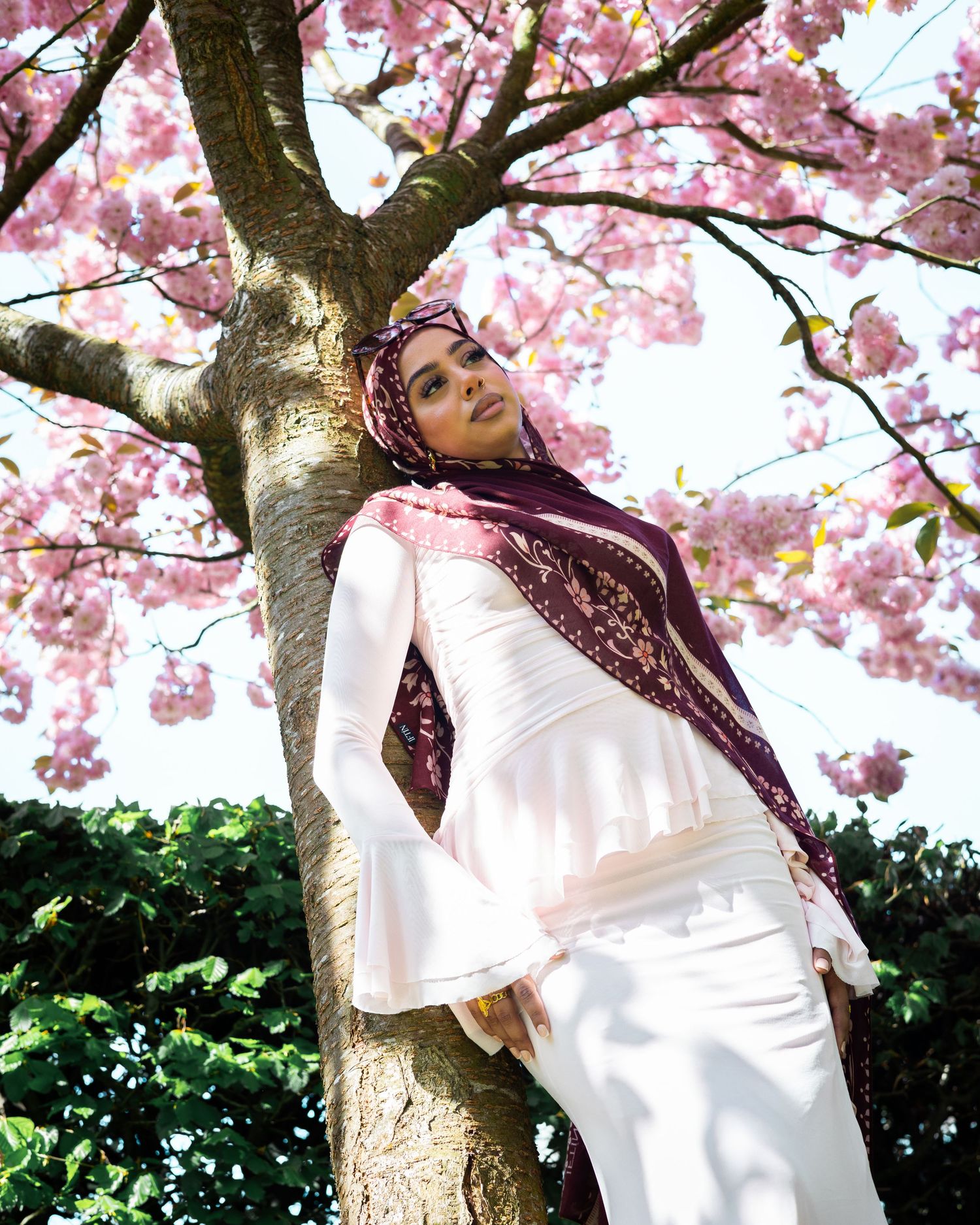 Woman in white outfit and burgundy hijab posing under blooming pink cherry blossom tree in sunlight.