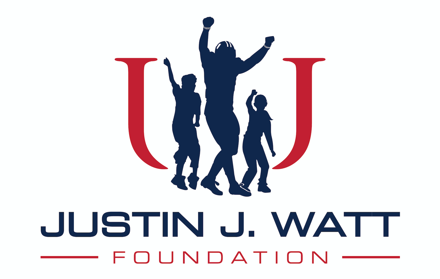 Justin J Watt Foundation logo showing silhouettes of people jumping in celebration against red and blue background.