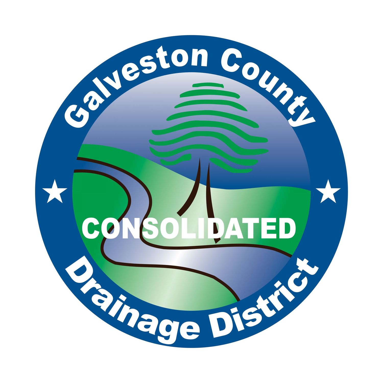 Collection of blue and green circular drainage district logos arranged horizontally.