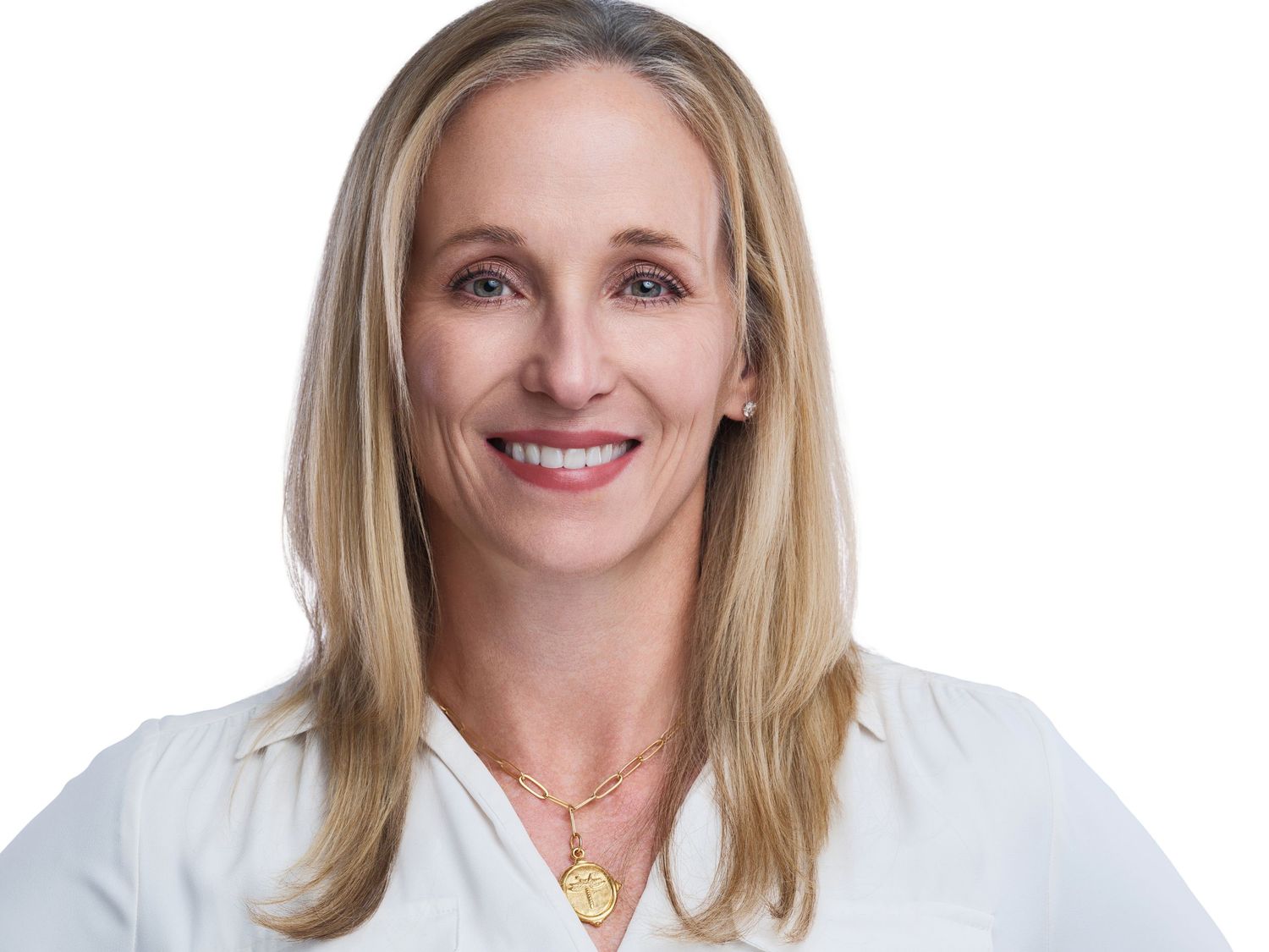Professional headshots of someone in a white blouse against a light background with warm expressions.