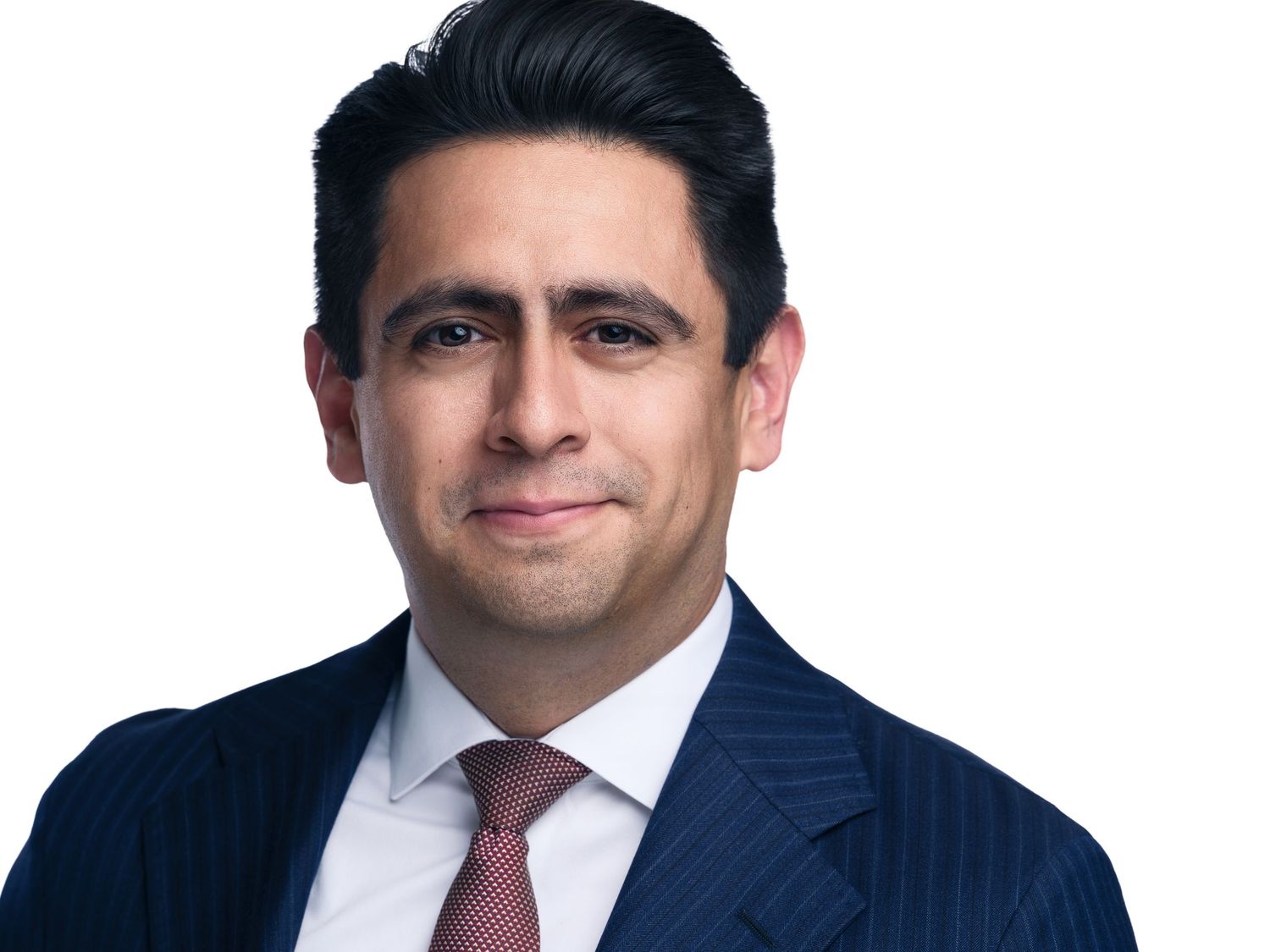 Business portrait of legal professional in navy pinstripe suit and burgundy tie.
