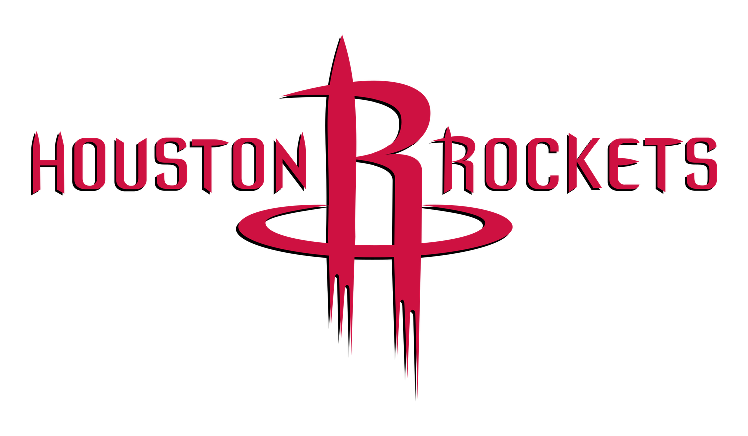 Houston Rockets NBA team logo featuring red text and abstract basketball design elements.