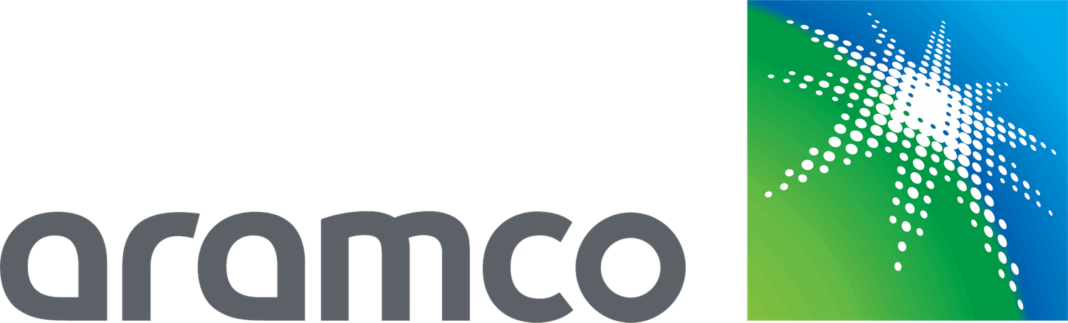 Aramco corporate logo featuring the company name in gray text alongside a colorful star emblem in blue and green.