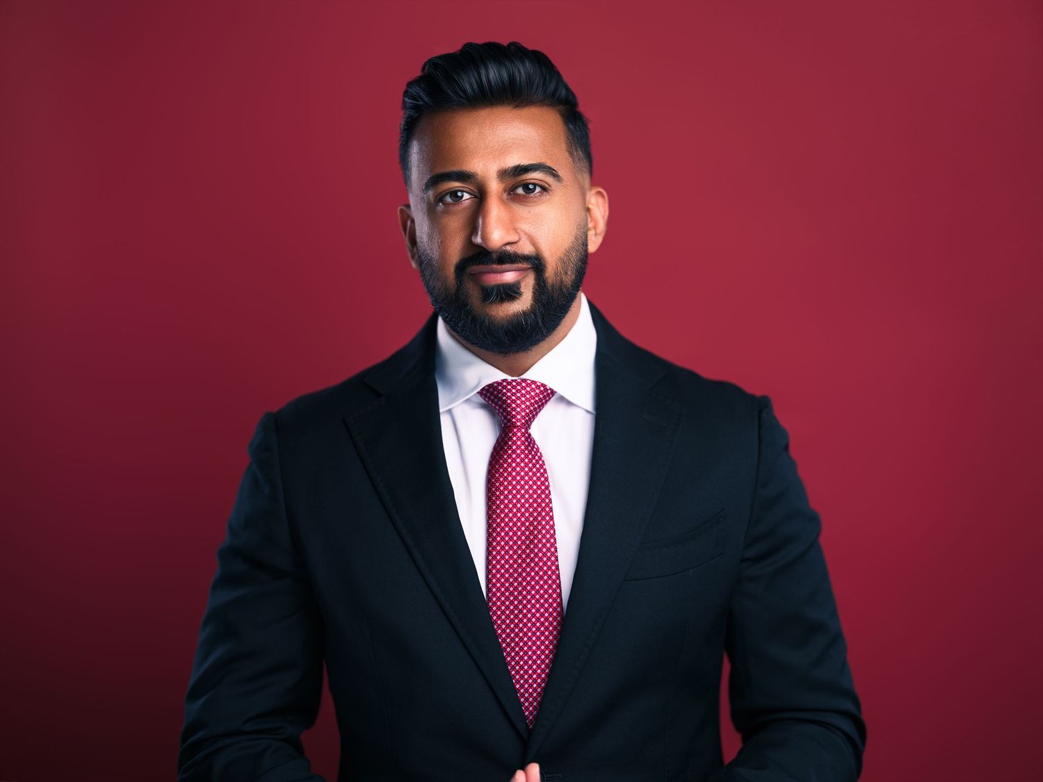 Corporate portrait with black suit and pink tie against red background.