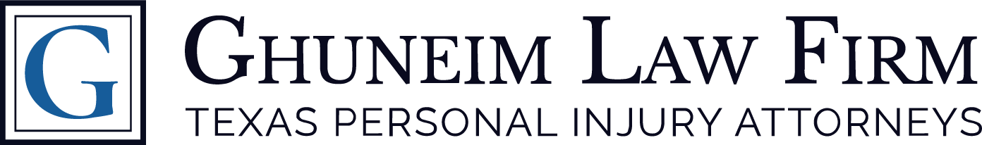 Ghuneim Law Firm logo for Texas personal injury attorneys in blue and white professional design.