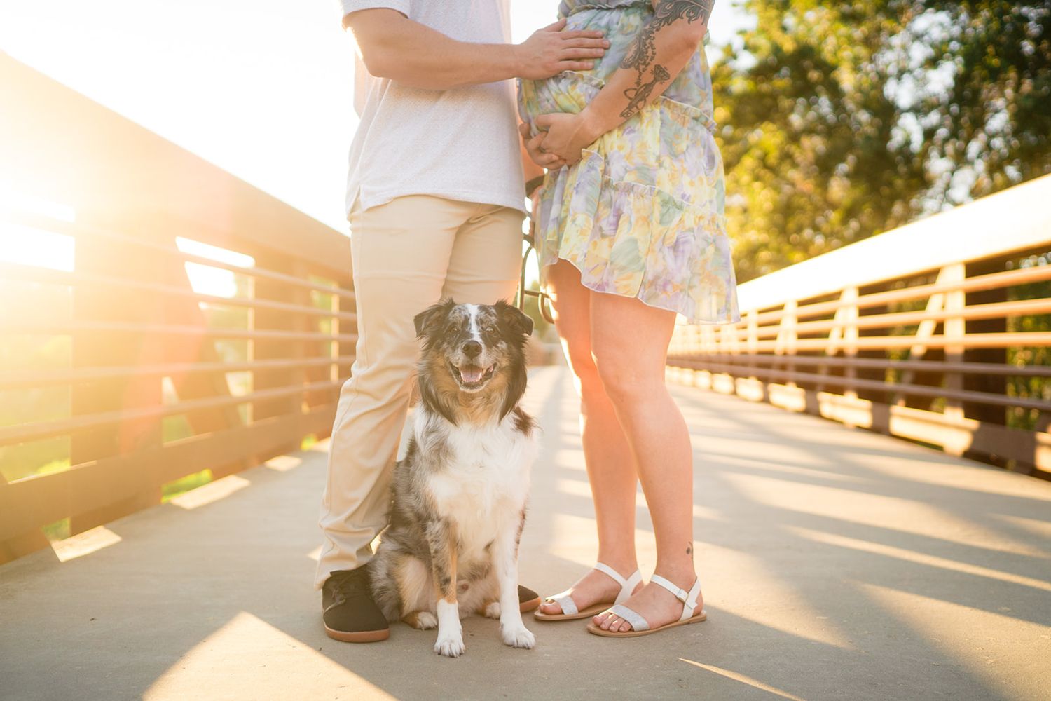 Couple standing on a bridge with their Australian Shepherd dog during a golden hour maternity photo session.