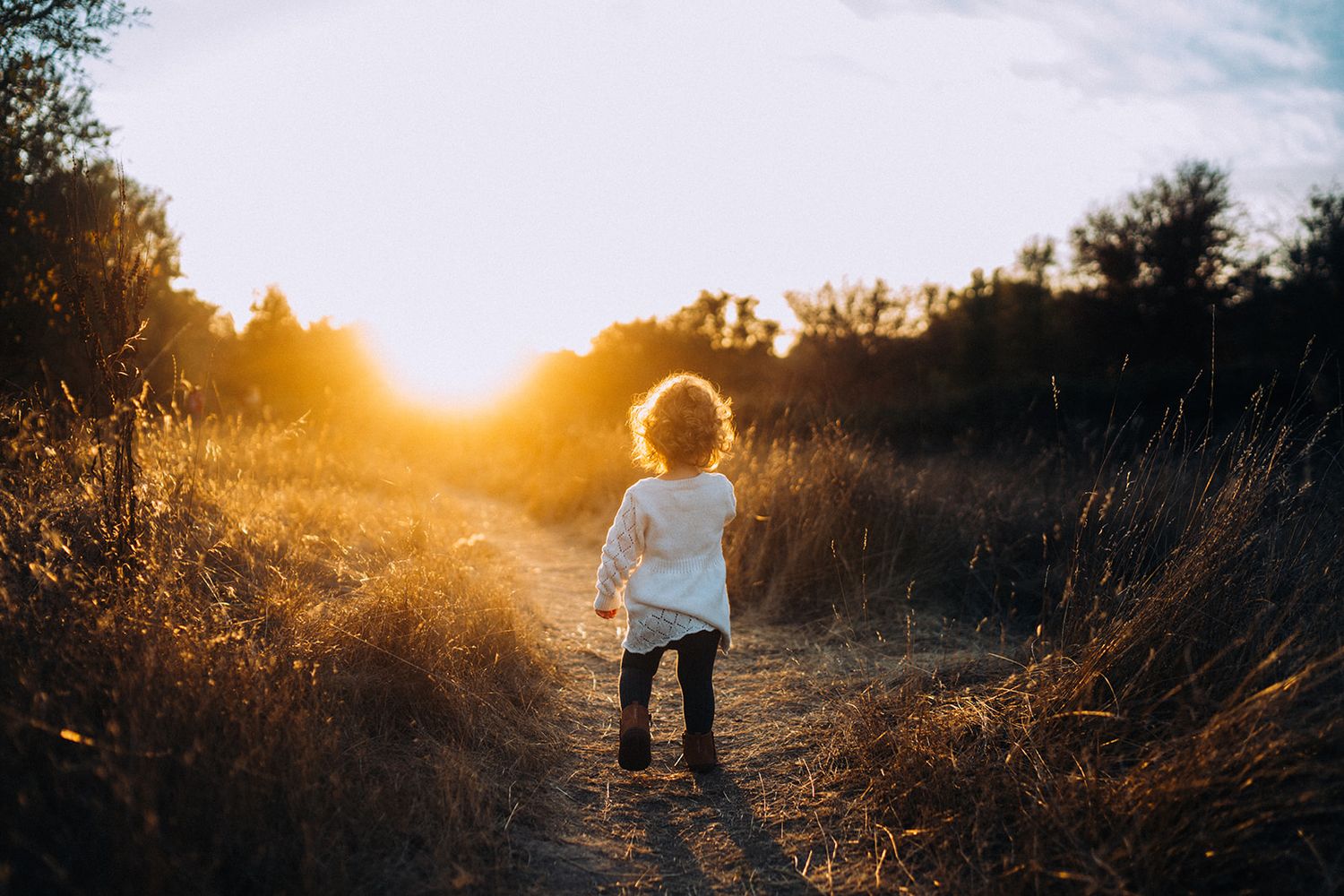 Dreamy backlit silhouettes playing in golden sunlight on a nature path.