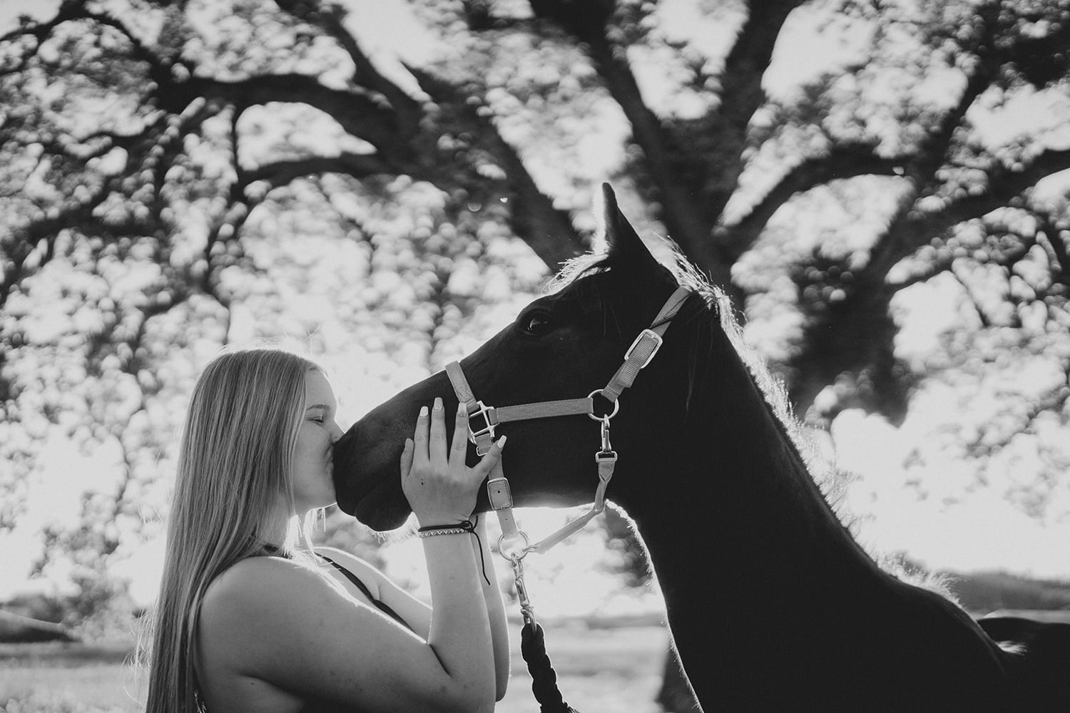 Young blonde woman sharing a tender moment kissing a dark horse outdoors in black and white photo.