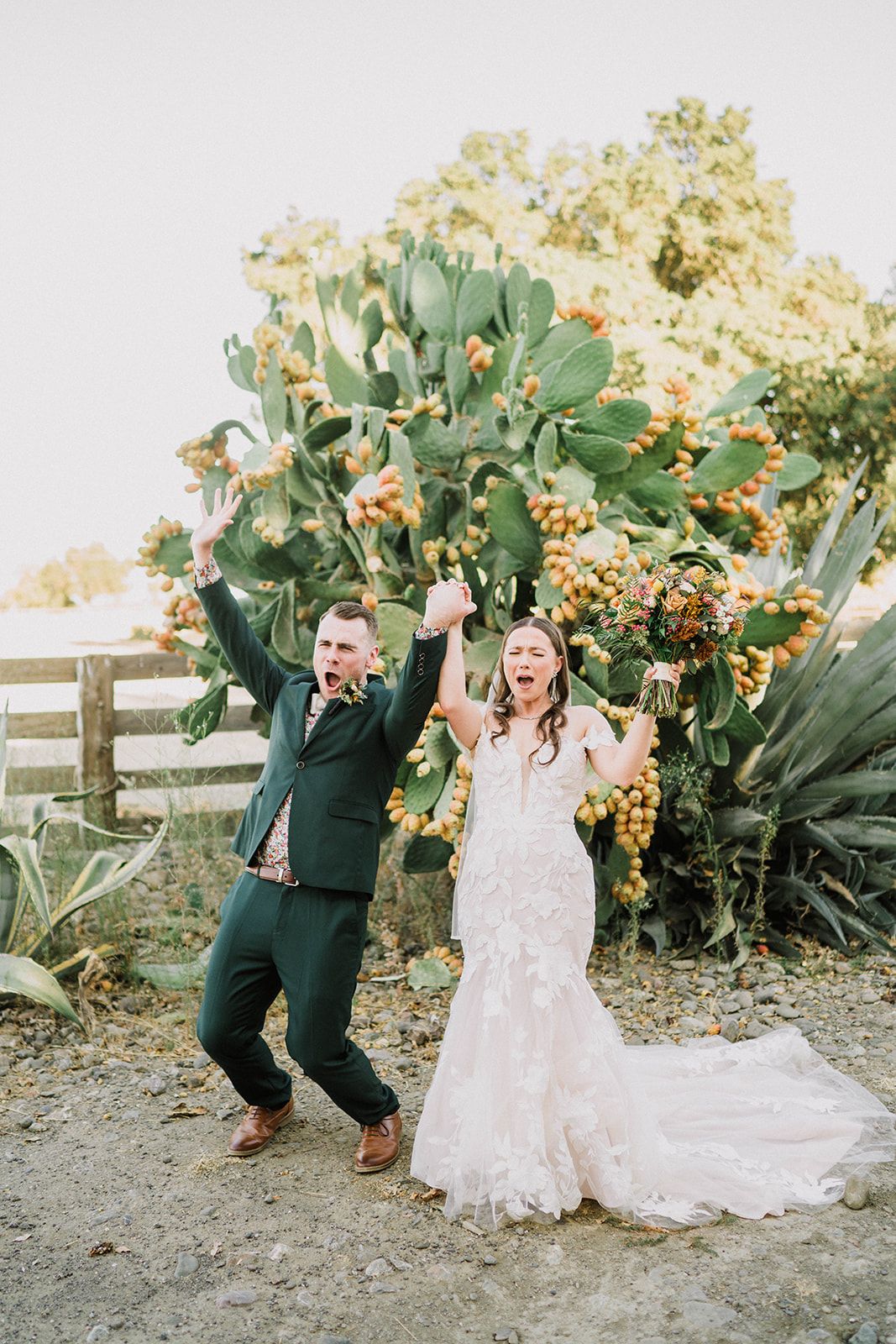 A series of four candid wedding photos showing joyful poses in front of green foliage and yellow flowers.