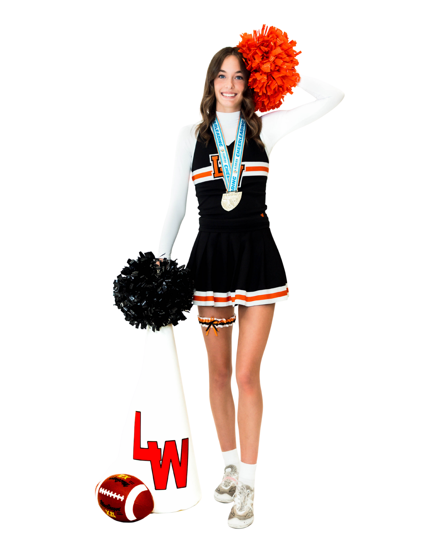 A cheerleader figure in a black and orange uniform strikes a dynamic pose with pom poms against a white background.