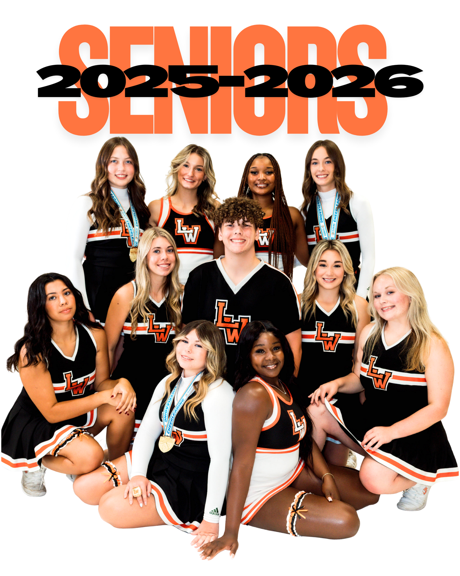A cheerleading squad poses in black uniforms displaying a variety of poses in a group formation.