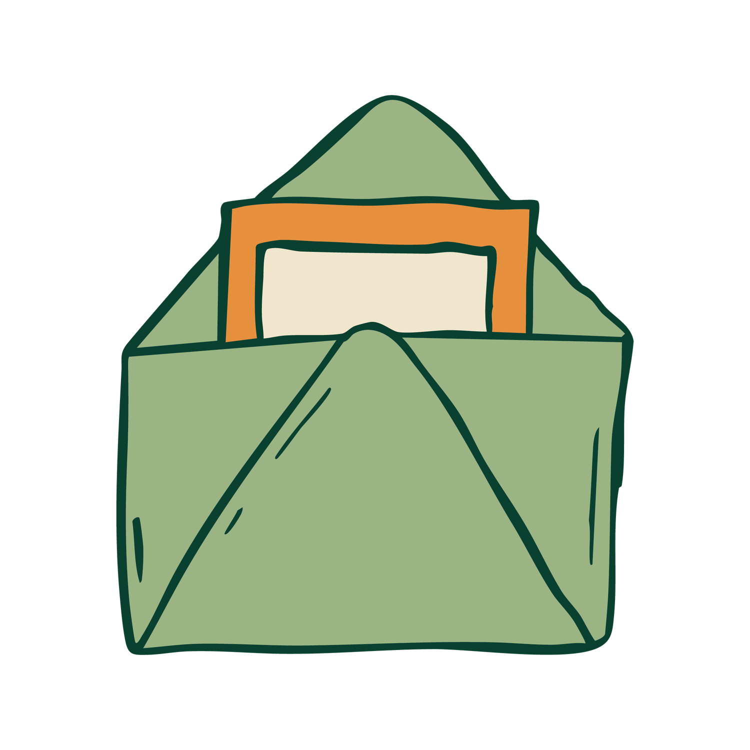 Hand-drawn illustration of an open green envelope with an orange-framed letter inside, doodle style icon.