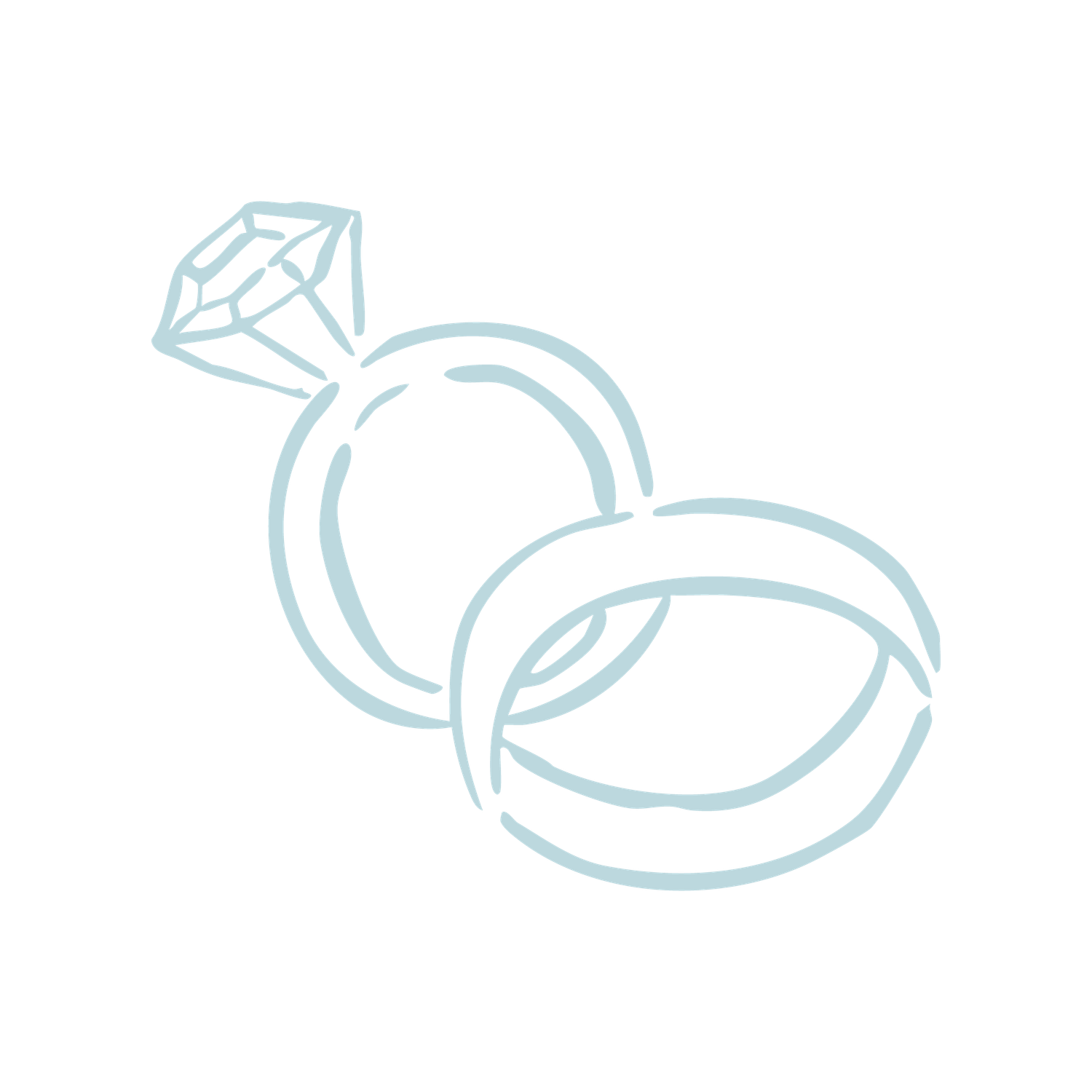 Light blue illustration of interlocked wedding rings with a diamond engagement ring, symbolizing love and marriage.