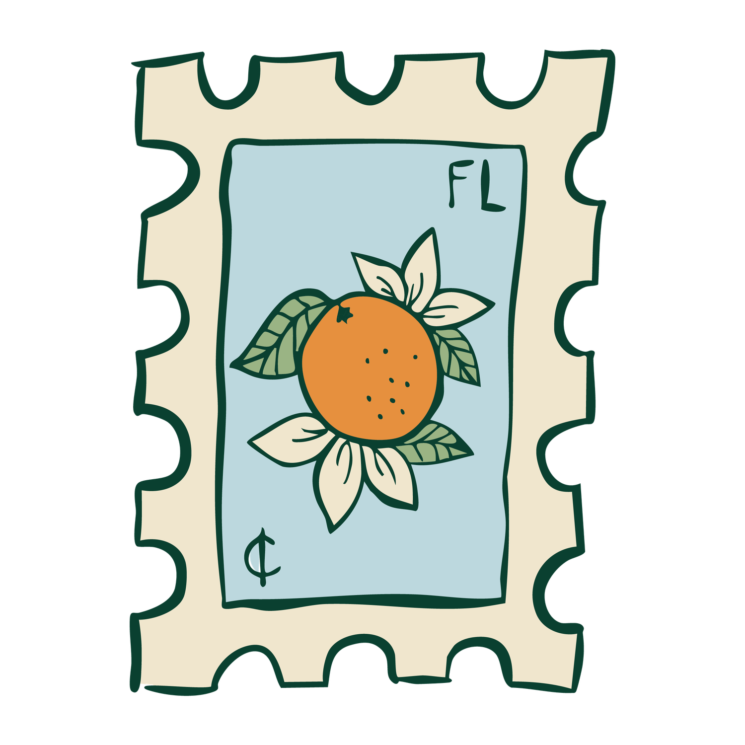 Illustrated Florida postage stamp featuring an orange with leaves and blossoms, labeled FL and cent symbol.