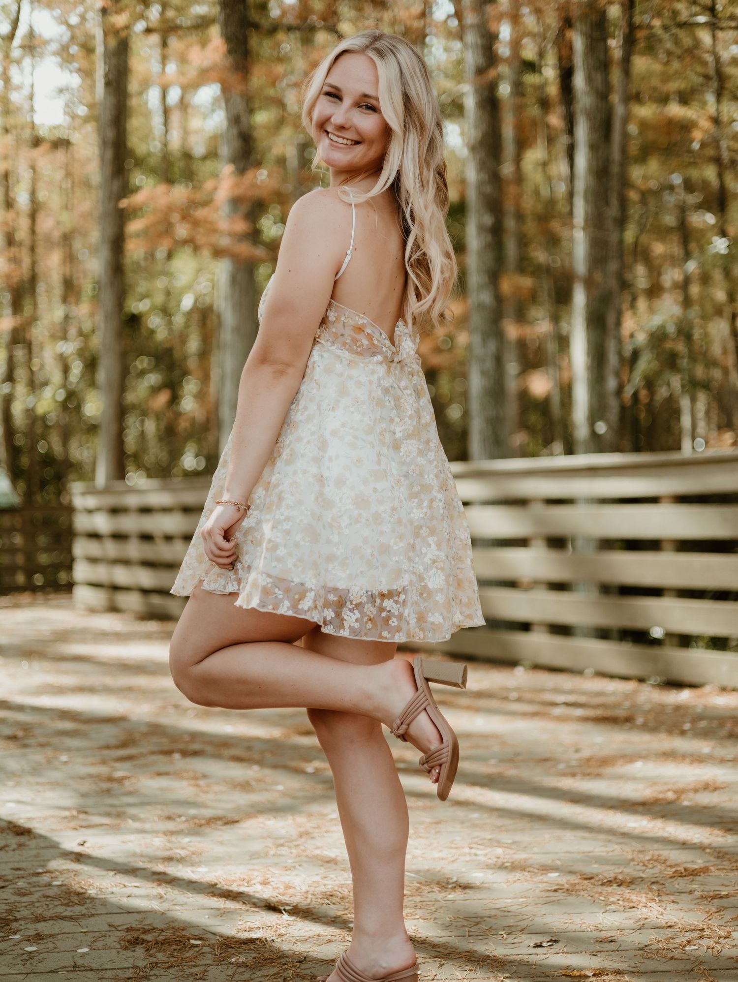 Outdoor photography session on a wooden deck surrounded by sunlit pine trees.