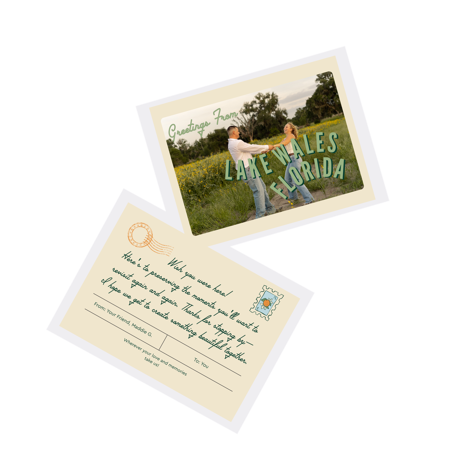 Postcard featuring a couple dancing in a field with Lake Wales, Florida text overlay, shown front and back.