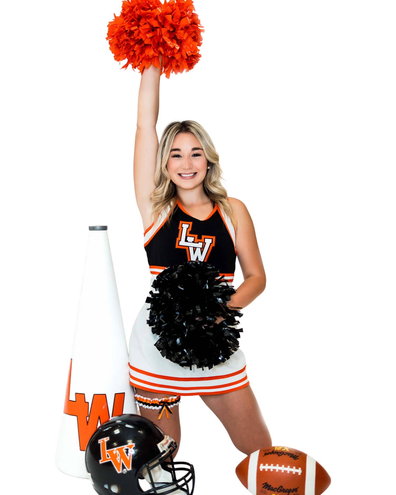 Cheerleader holding orange and black pom poms poses with football equipment in a white background photo collage.
