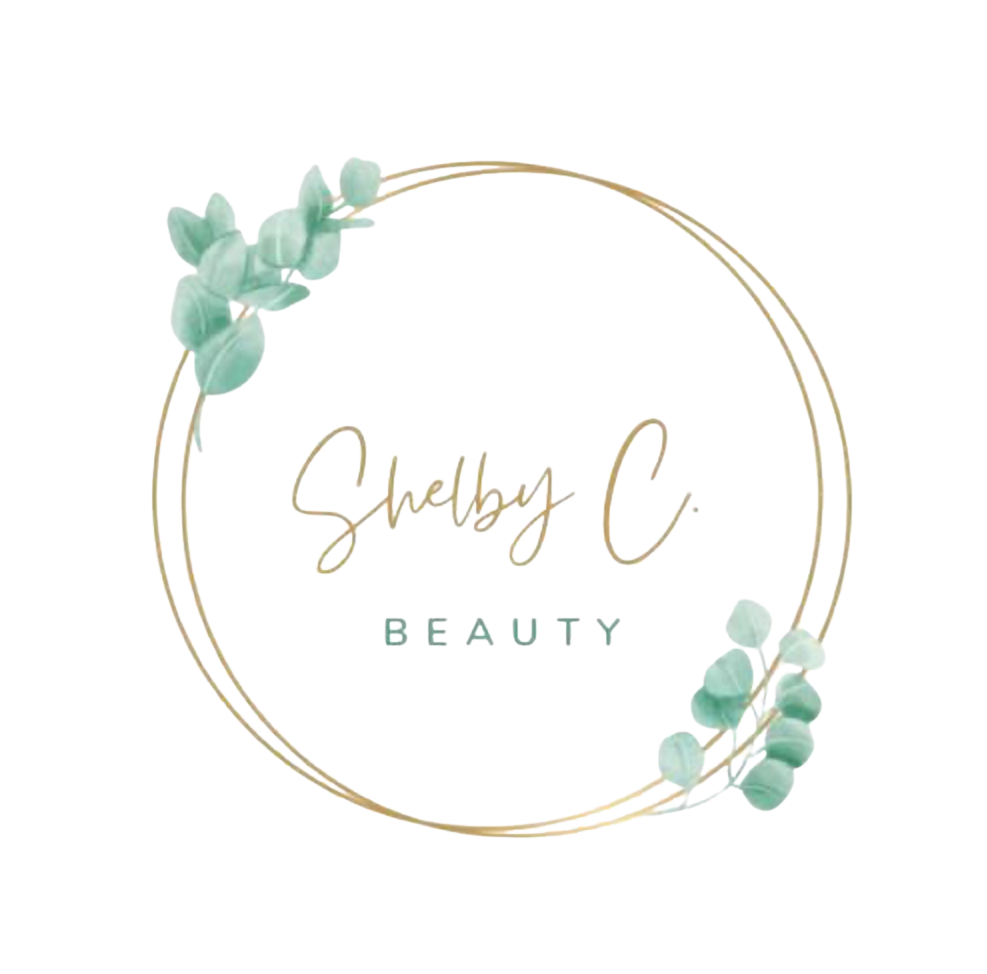 Elegant logo design featuring gold circular frames with mint green eucalyptus leaves and cursive text for a beauty brand.